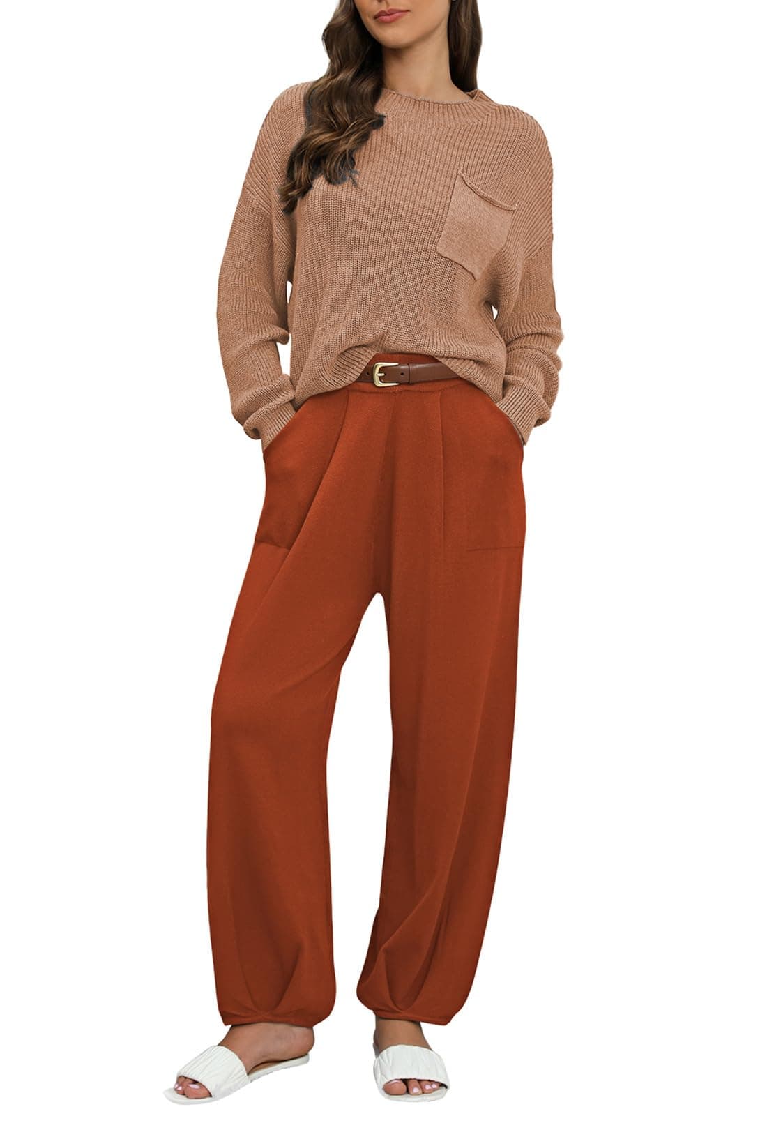 Pink Queen Women's 2024 Fall Knit Sweater Set with High Waisted Pants