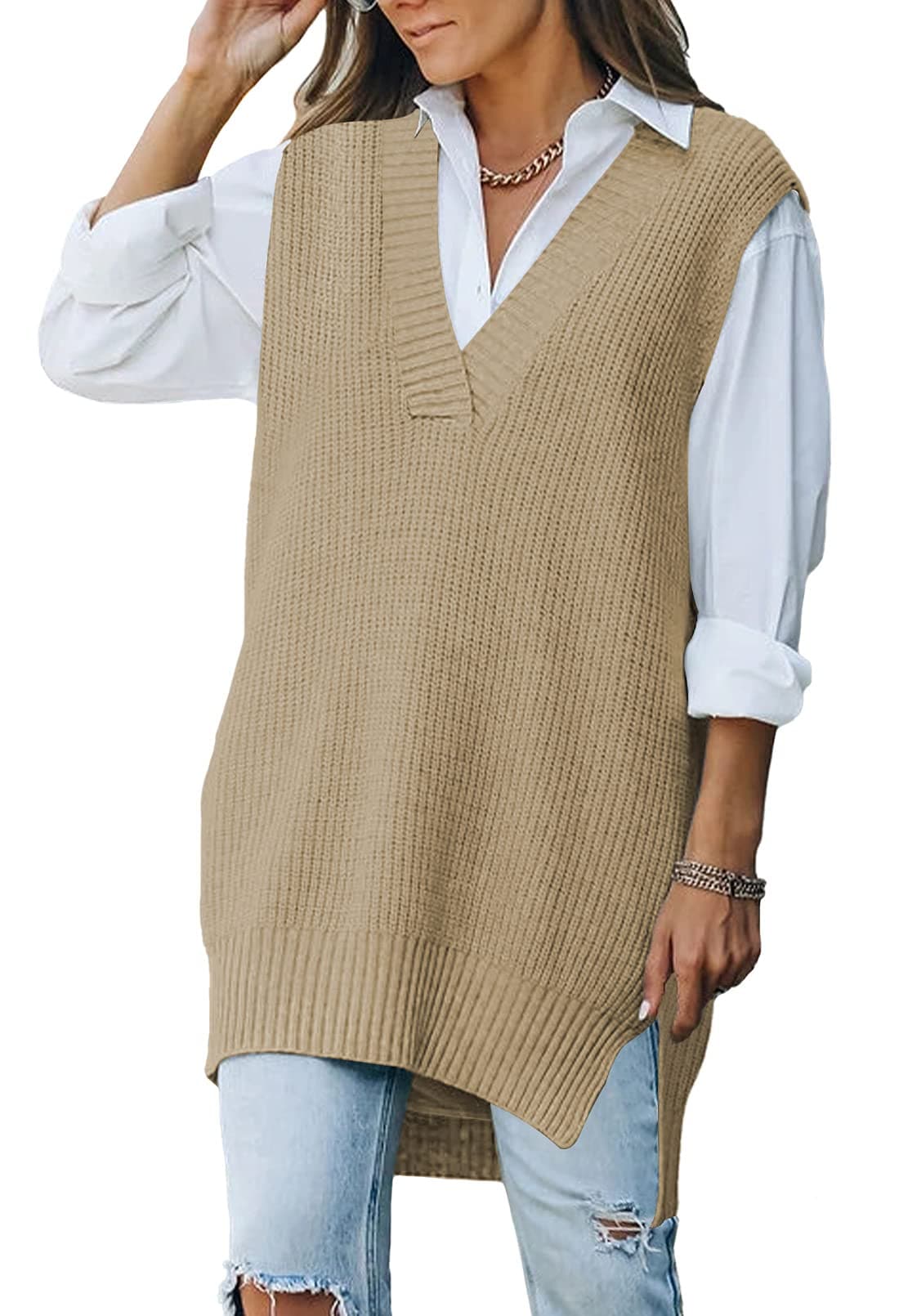 Viottiset Women's Oversized V-Neck Knit Sweater Vest