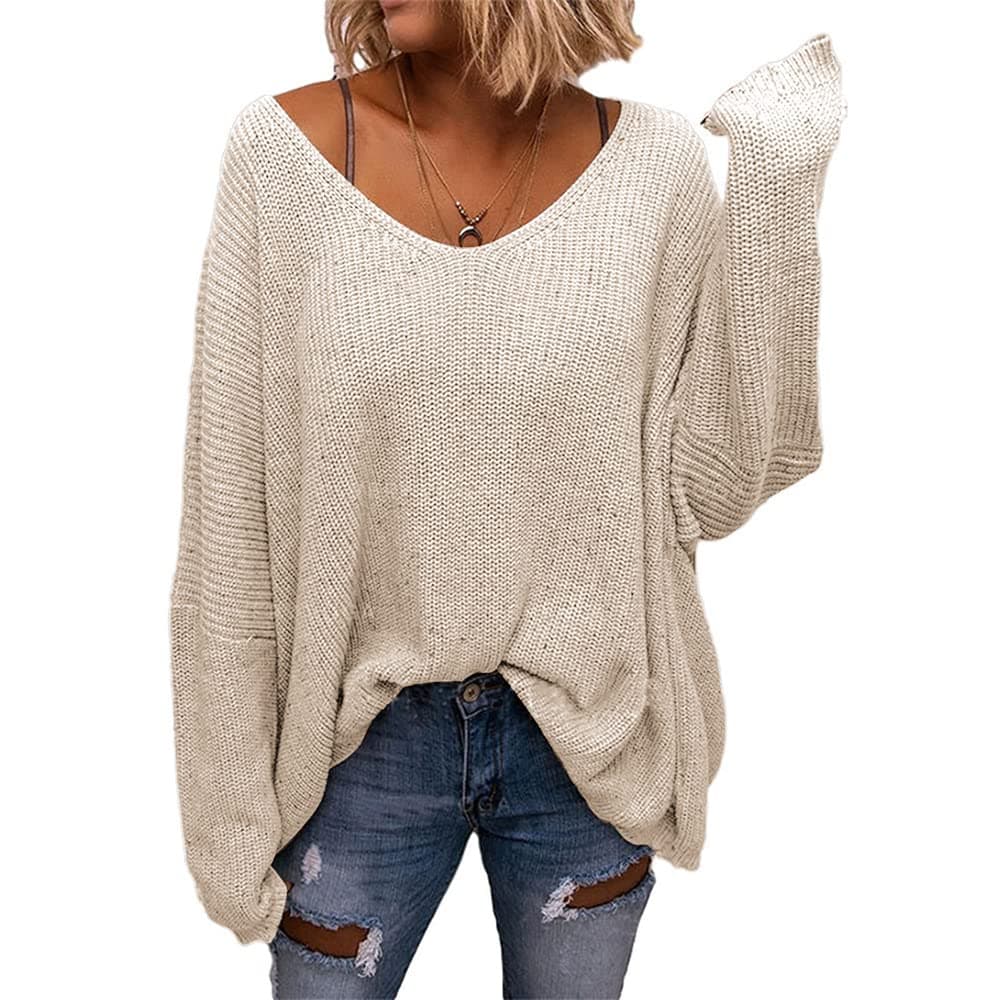 BZB Women's V-Neck Loose Oversized Long Sleeve Knit Sweater Top