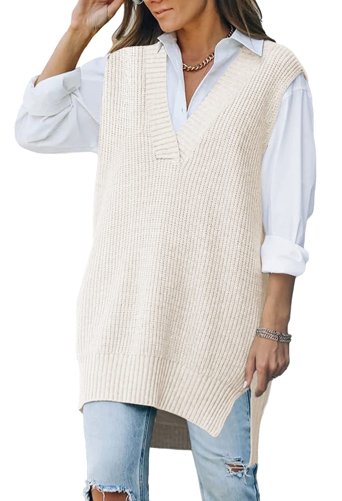 Viottiset Women's Oversized V-Neck Knit Sweater Vest