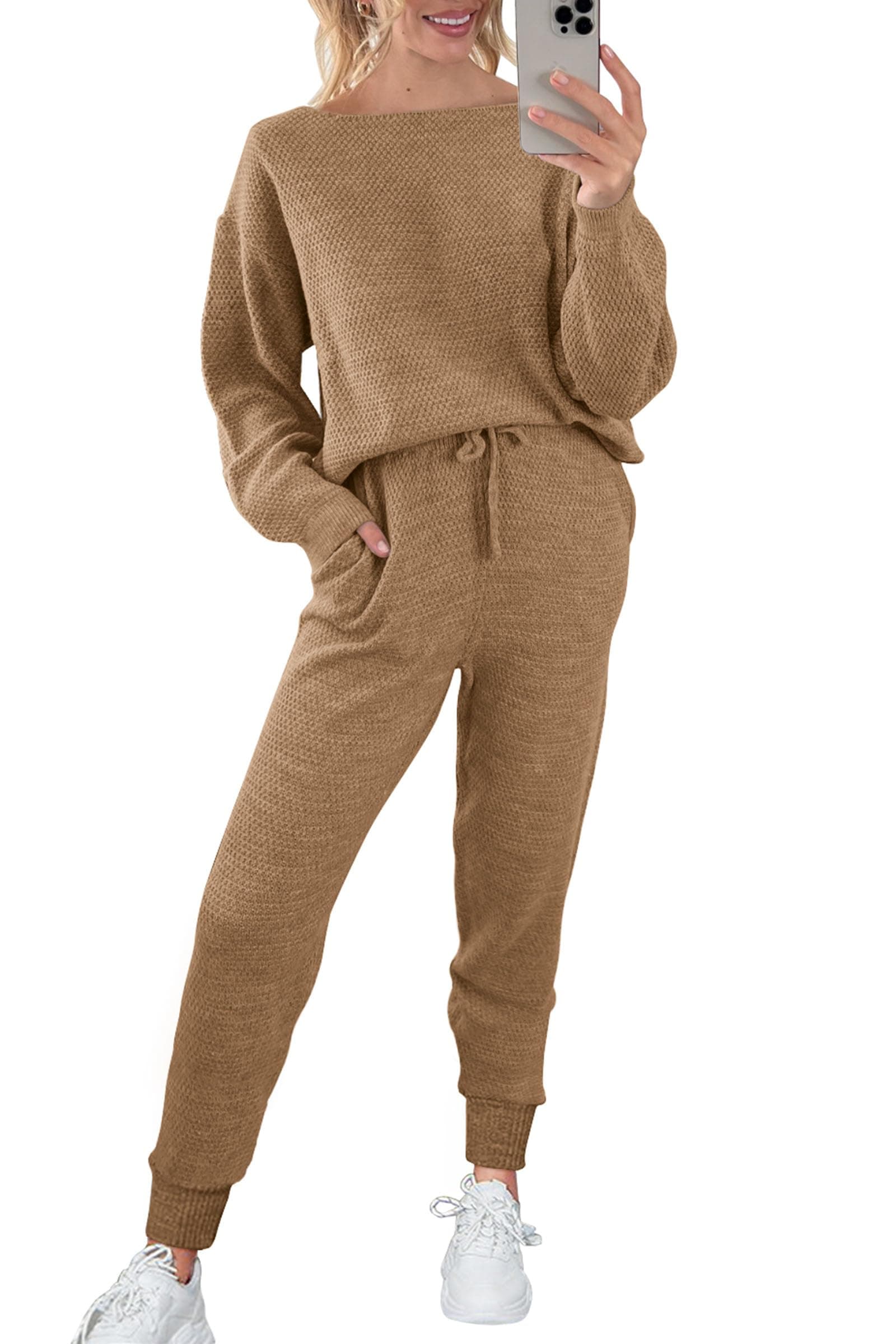 Womens 2 Piece Knit Pullover Sweater And Long Pants Tracksuit Sets