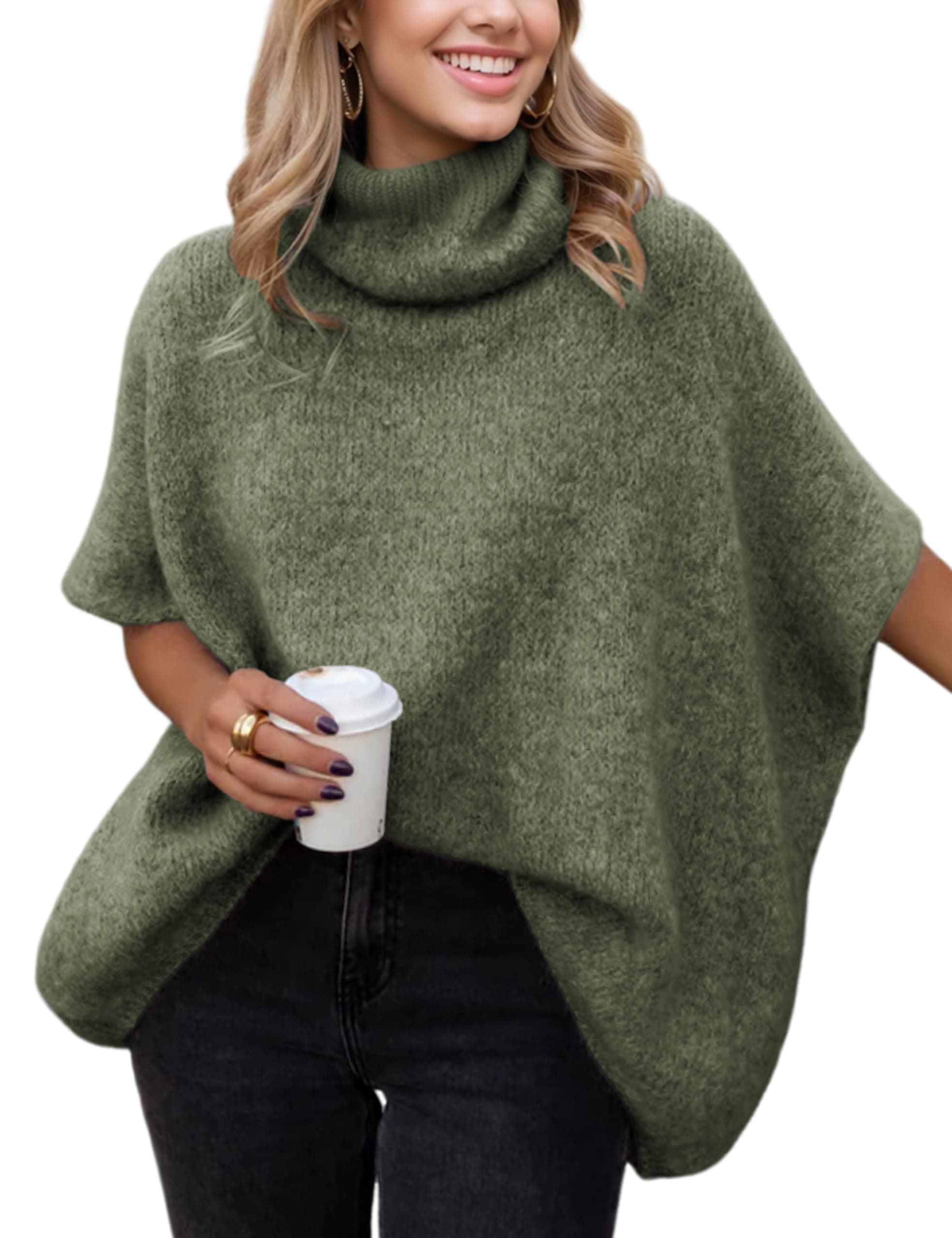 Women's Turtleneck Batwing Sleeve Chunky Sweater
