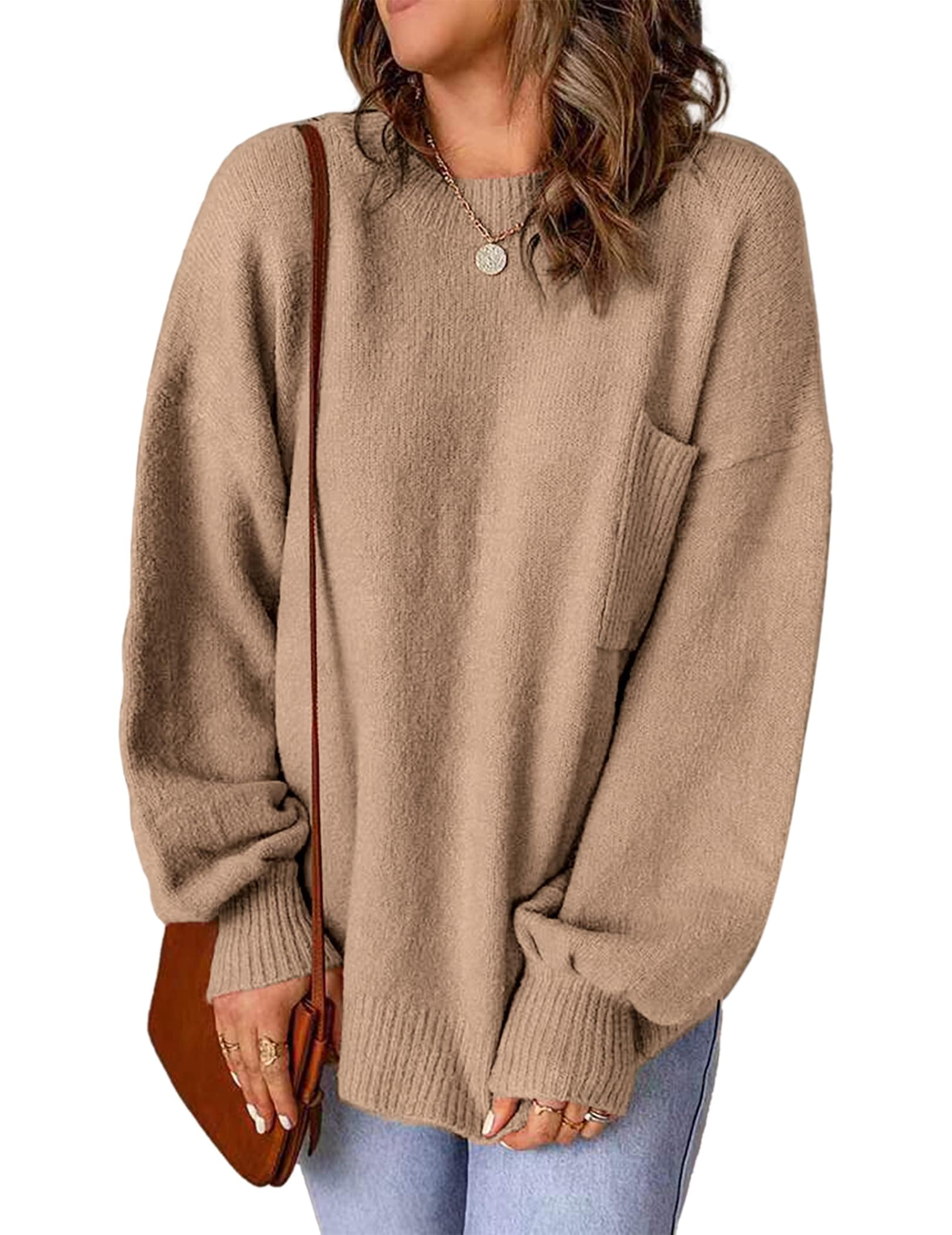 Libsorge Women's Oversized Crewneck Pocket Pullover Sweater