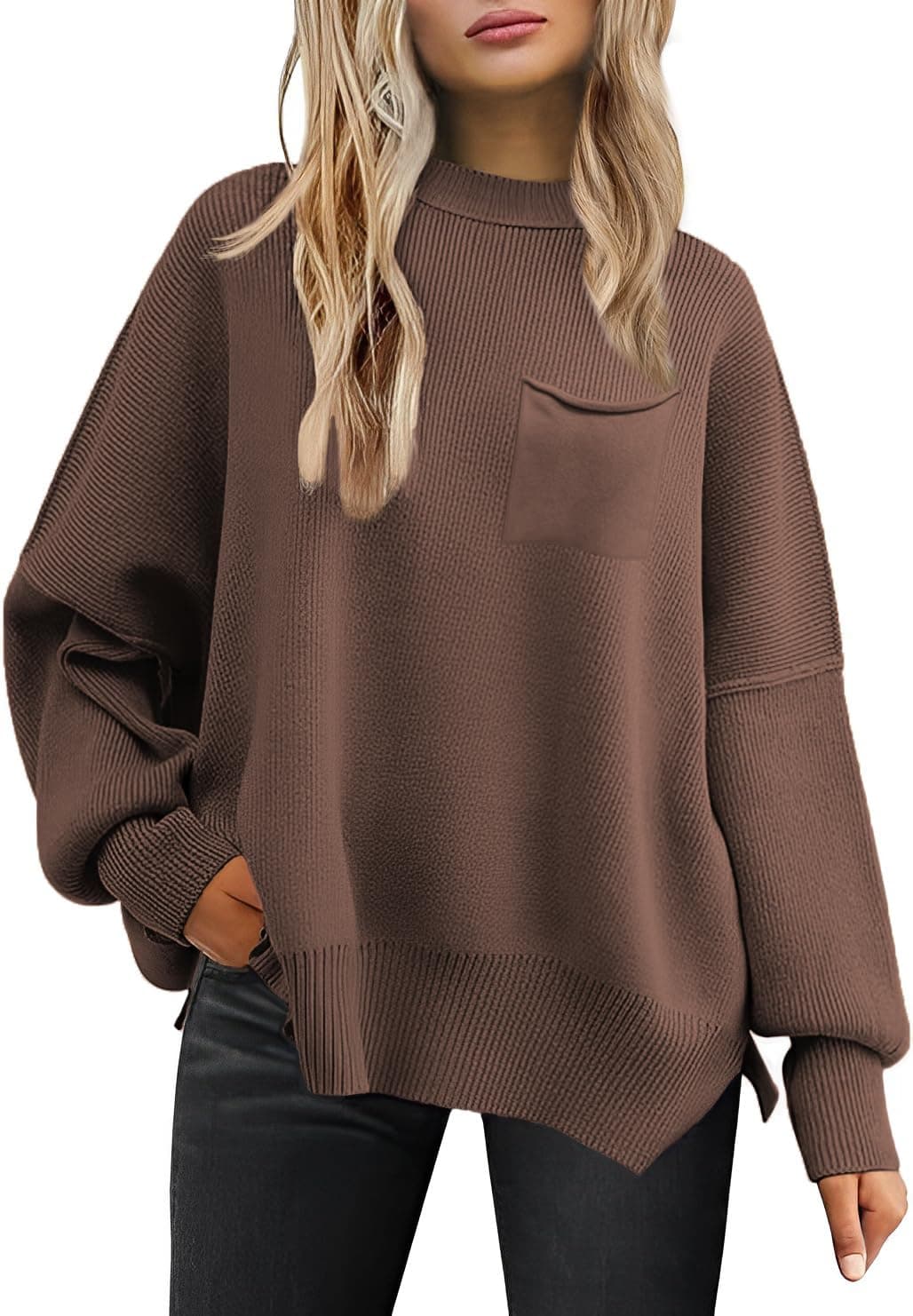 Women's Oversized 2025 Crewneck Ribbed Knit Batwing Sweater Tops