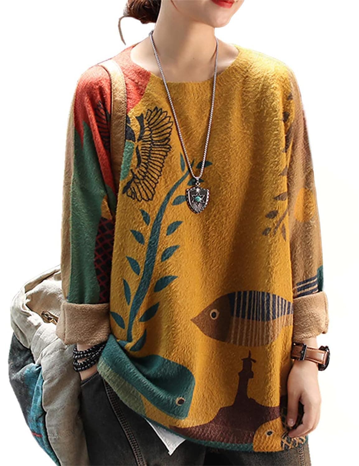 YESNO Women's Oversized Christmas Sweater with Graphic Print Casual Loose Knit Top S01
