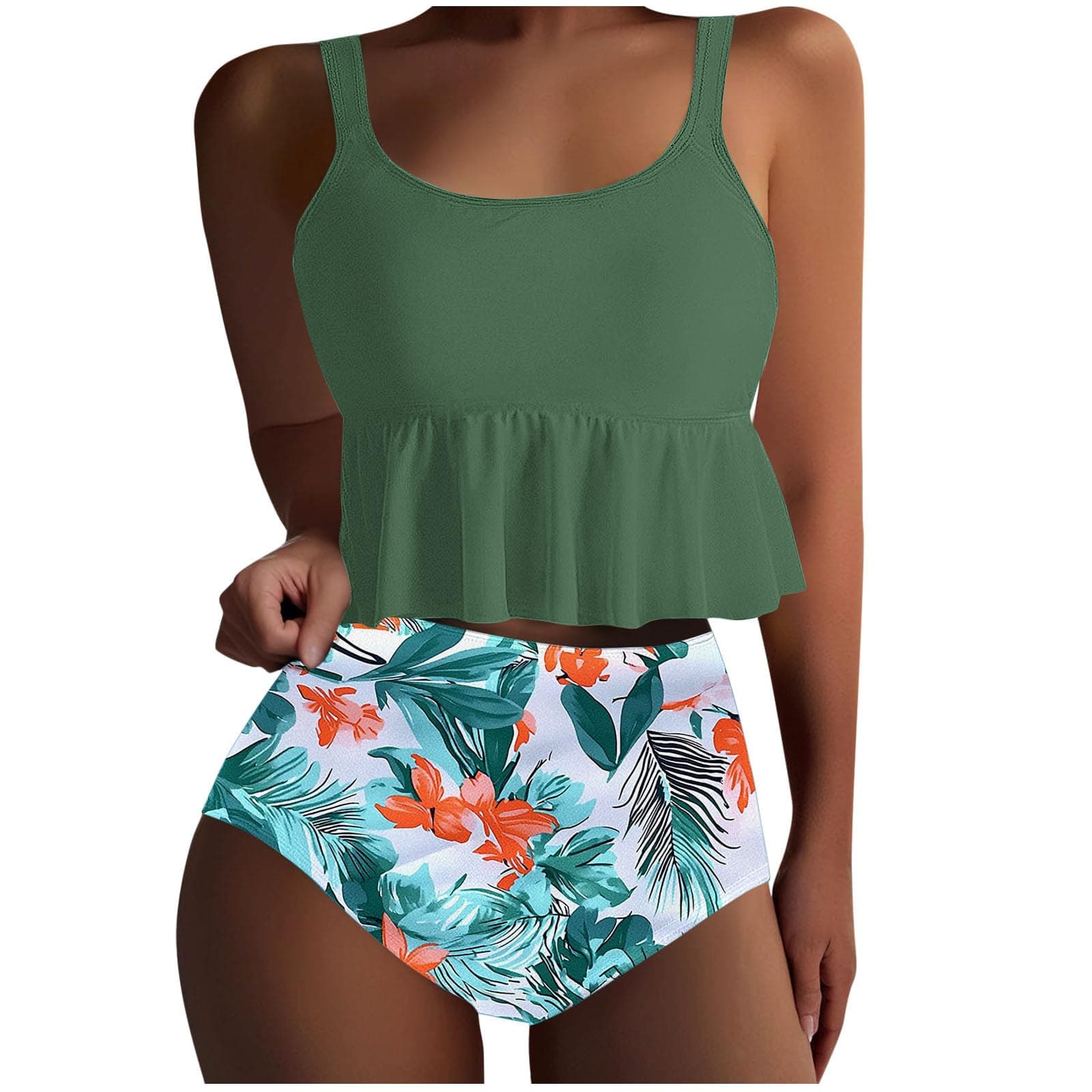 Yxzogd Women's 2025 Summer Ruffle Tankini Bikini Set Floral Swim Suit