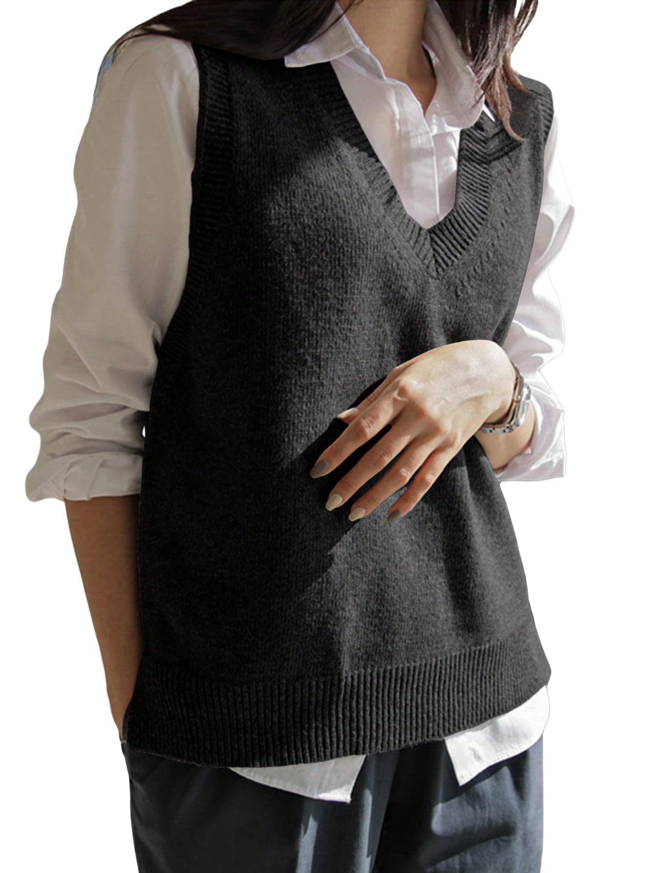 Floerns Women's Solid V-Neck Sleeveless Casual Sweater Vest
