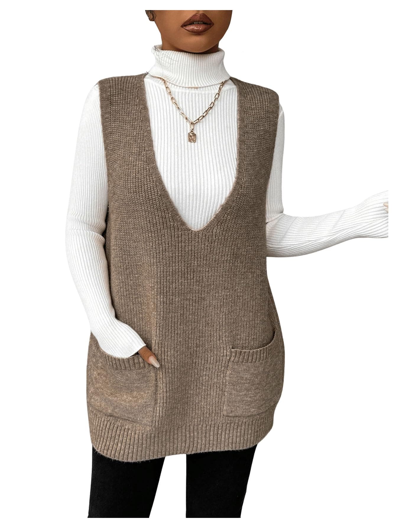 SHENHE Women's Deep V Neck Long Sweater Vest with Pockets