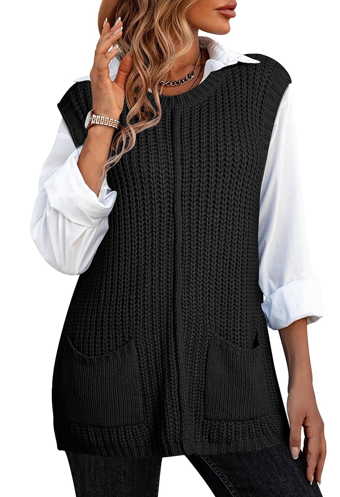 2024 Pink Queen Oversized Crewneck Knit Sweater Vest with Pockets