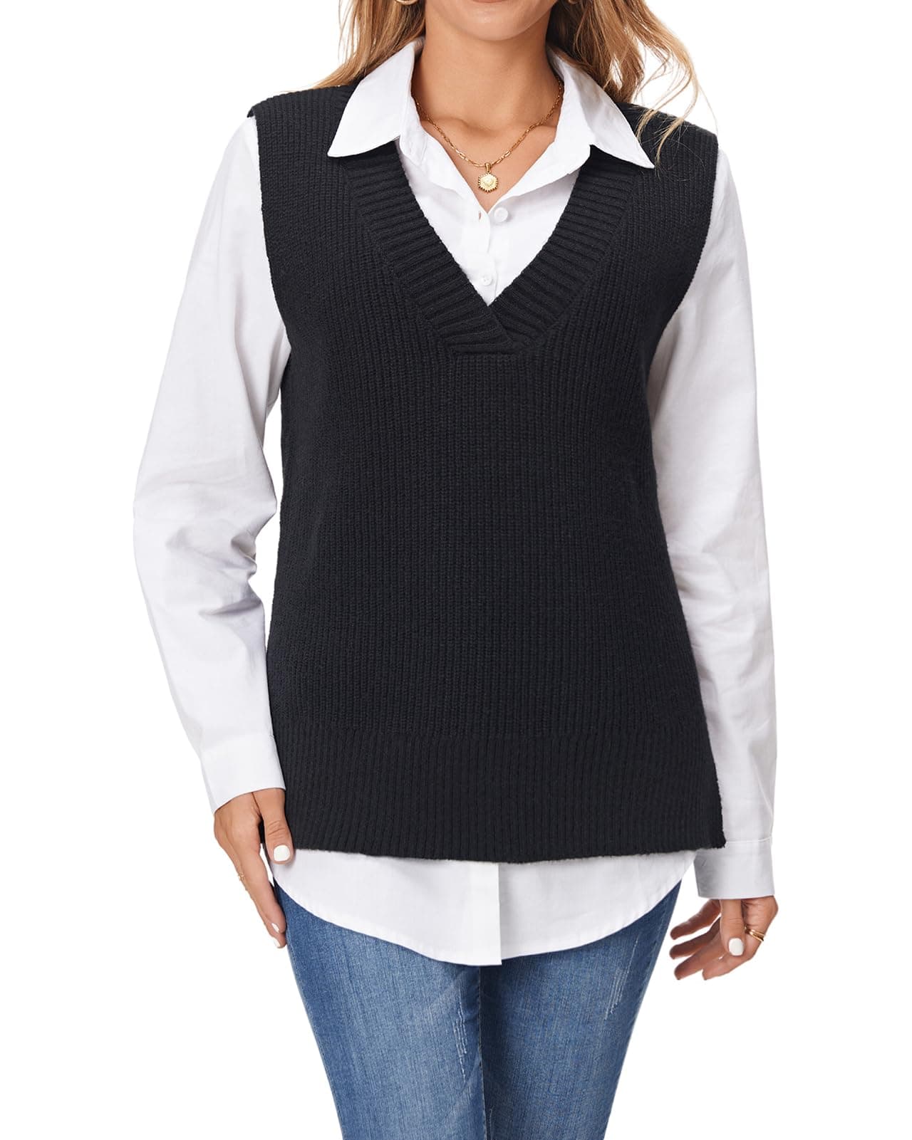 Fuinloth Women's Oversized V-Neck Knit Sweater Vest