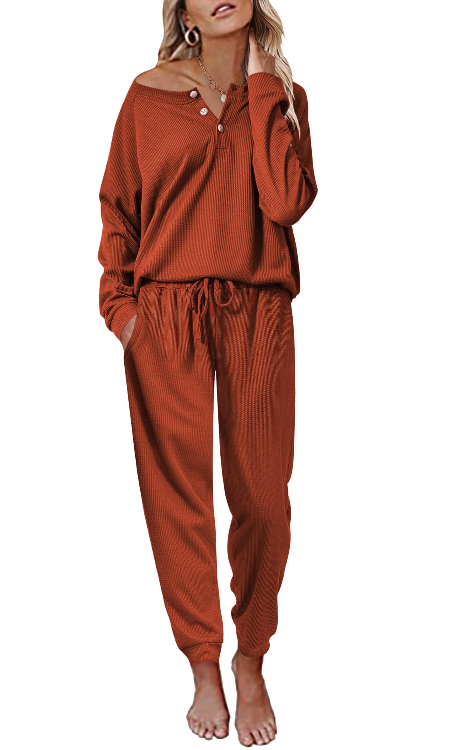 Ekouaer Women's Waffle Knit Pajama Set Long Sleeve S-XXLCasual Loungeewear