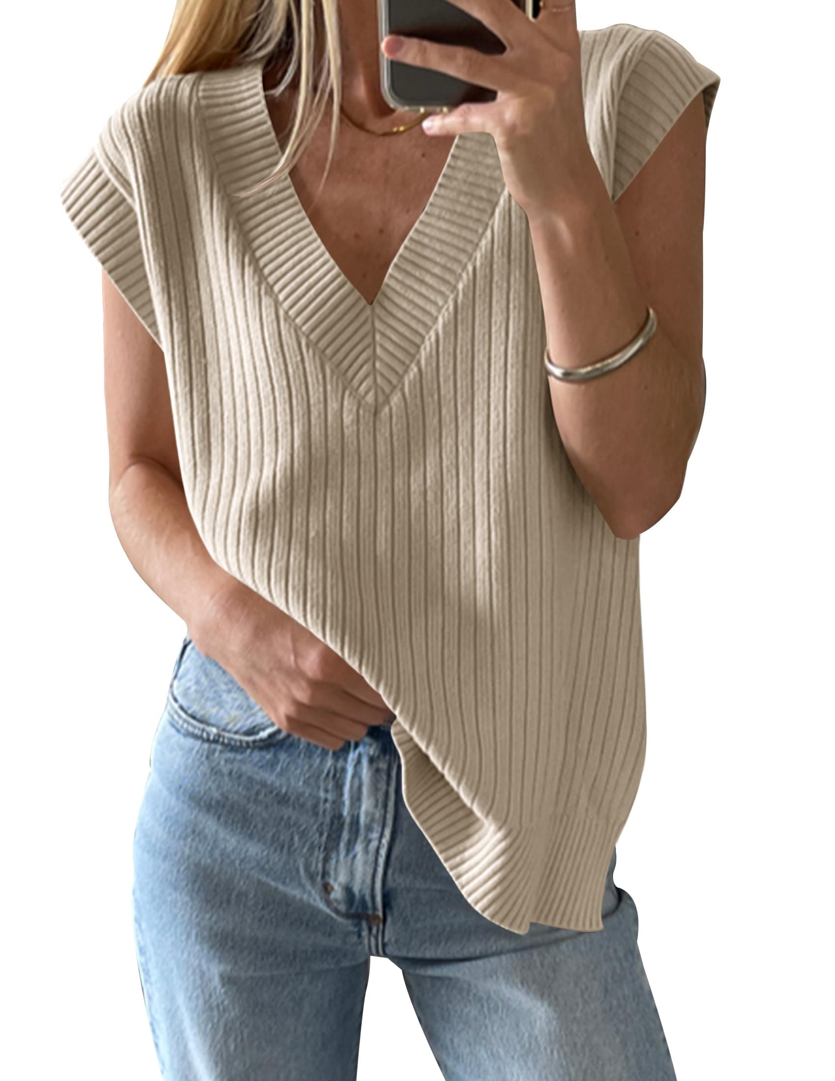 HAEOF Women's V-Neck Spring Summer Casual Ribbed Knit Tank Top