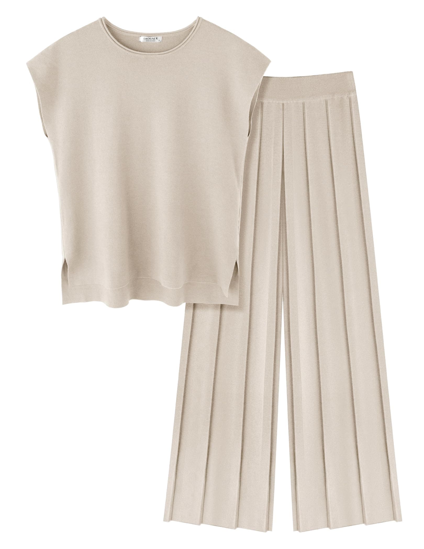 Ekouaer Women's Knit Cap Sleeve Tops & Wide Leg Pleated Pants Casual Sweater Sets