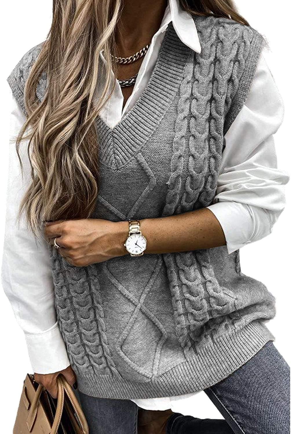 Yousify Women's Cable Knit Oversize Sleeveless Sweater Vest