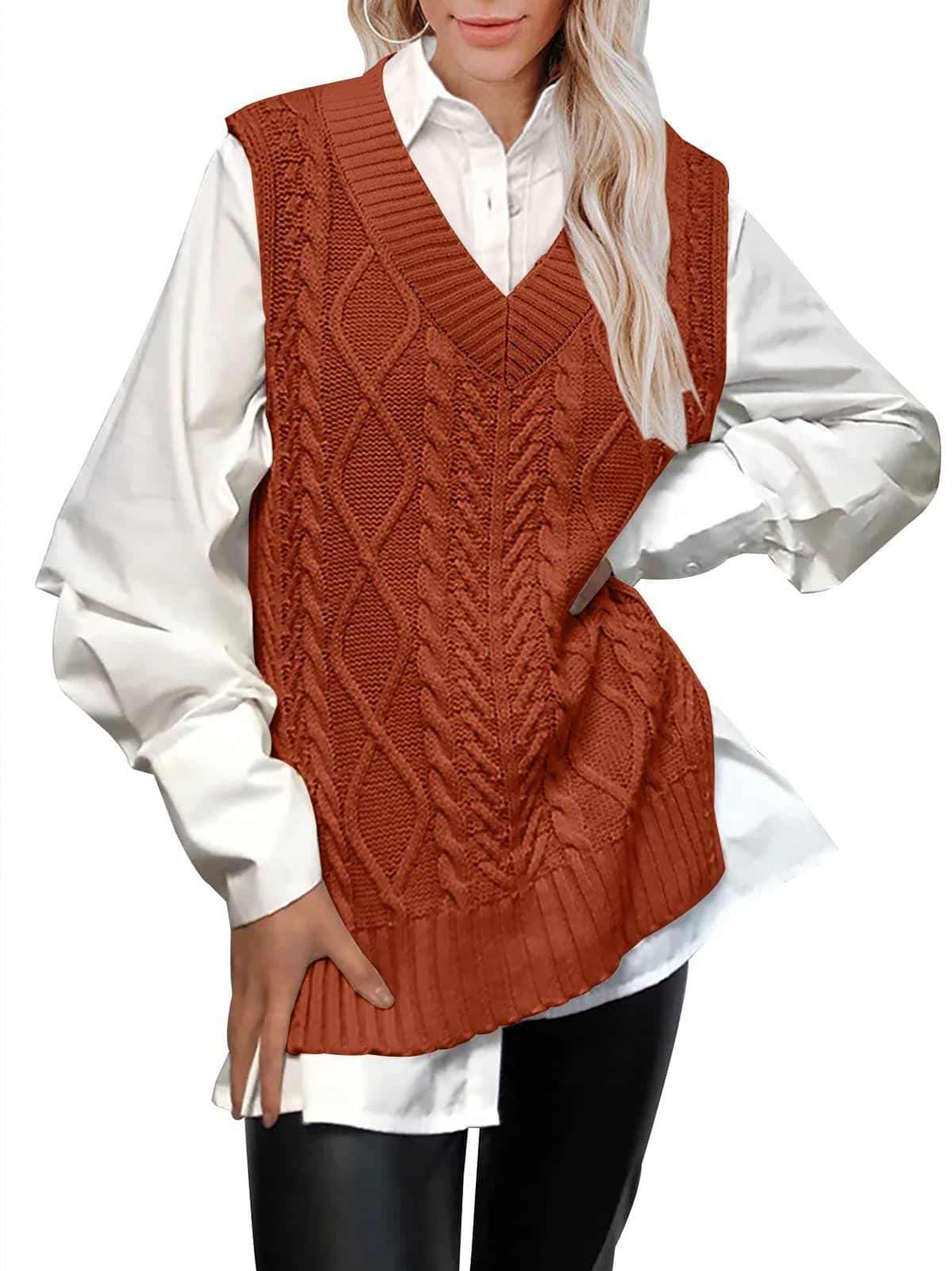 BWQ Women's Oversized Plaid V-Neck Cable Knit Sweater Tank Top