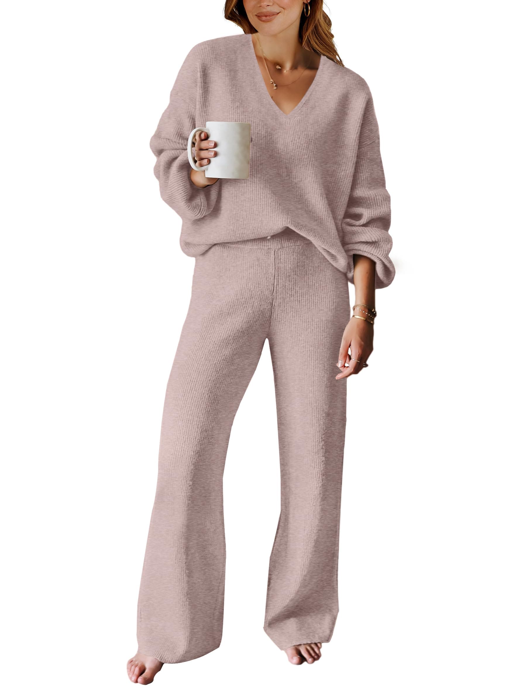 ANRABESS Women's Long Sleeve Cable Knit Set with Wide Leg Pants