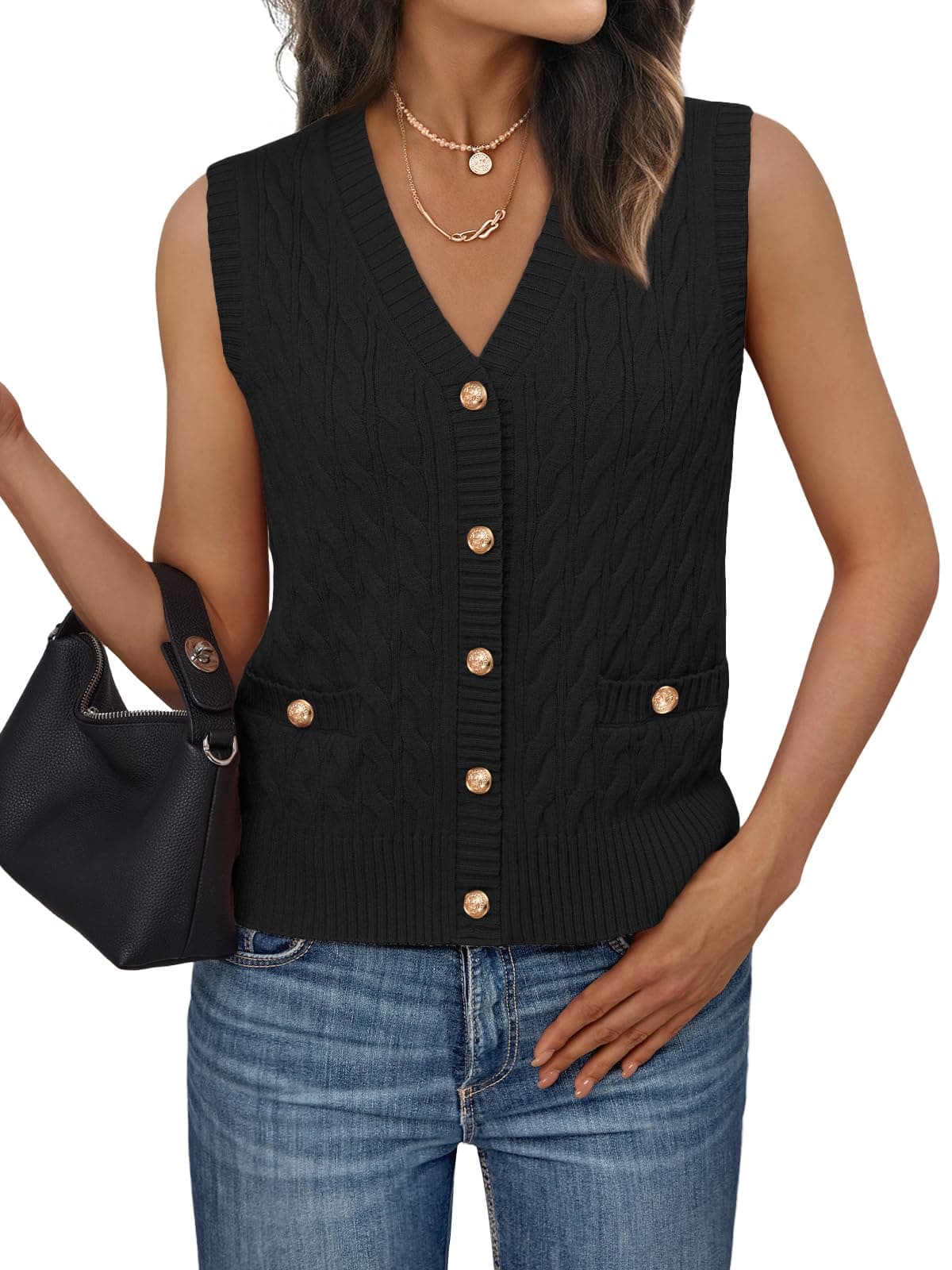 LILLUSORY Women's V-Neck Cable Knit Sweater Vest Summer Trendy 2025