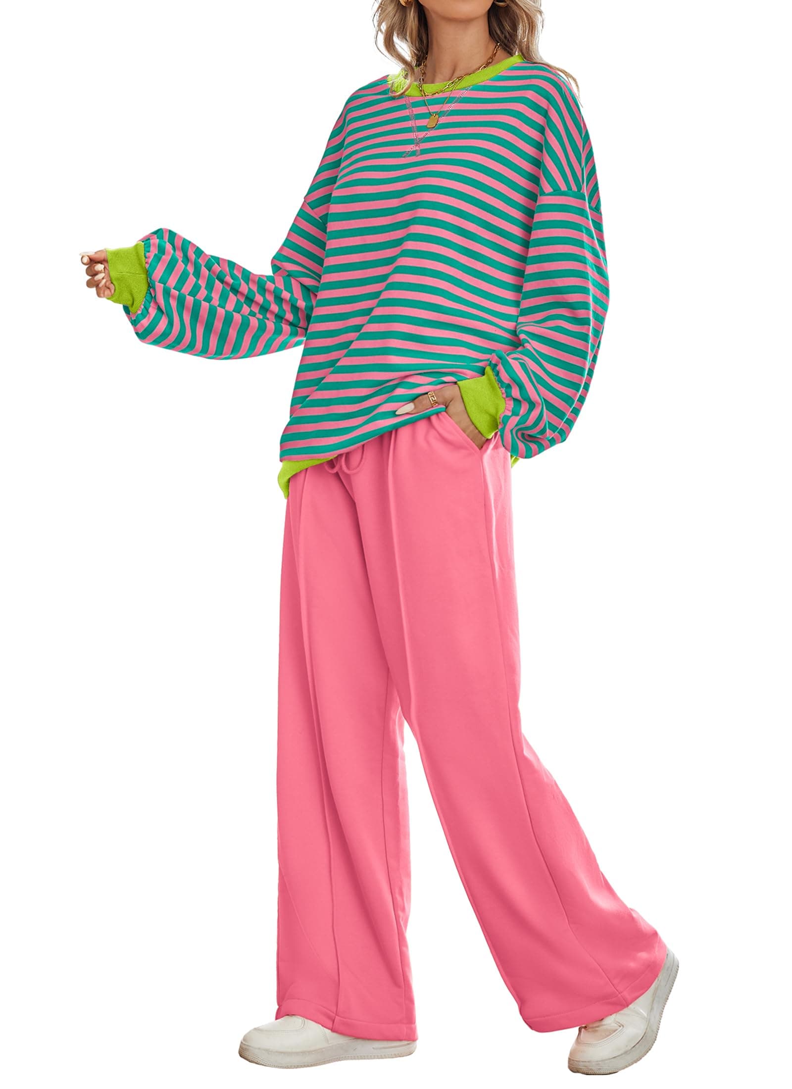 Kikibell Women's Striped Color Block Sweatshirt & Wide Leg Pants Trendy Tracksuit