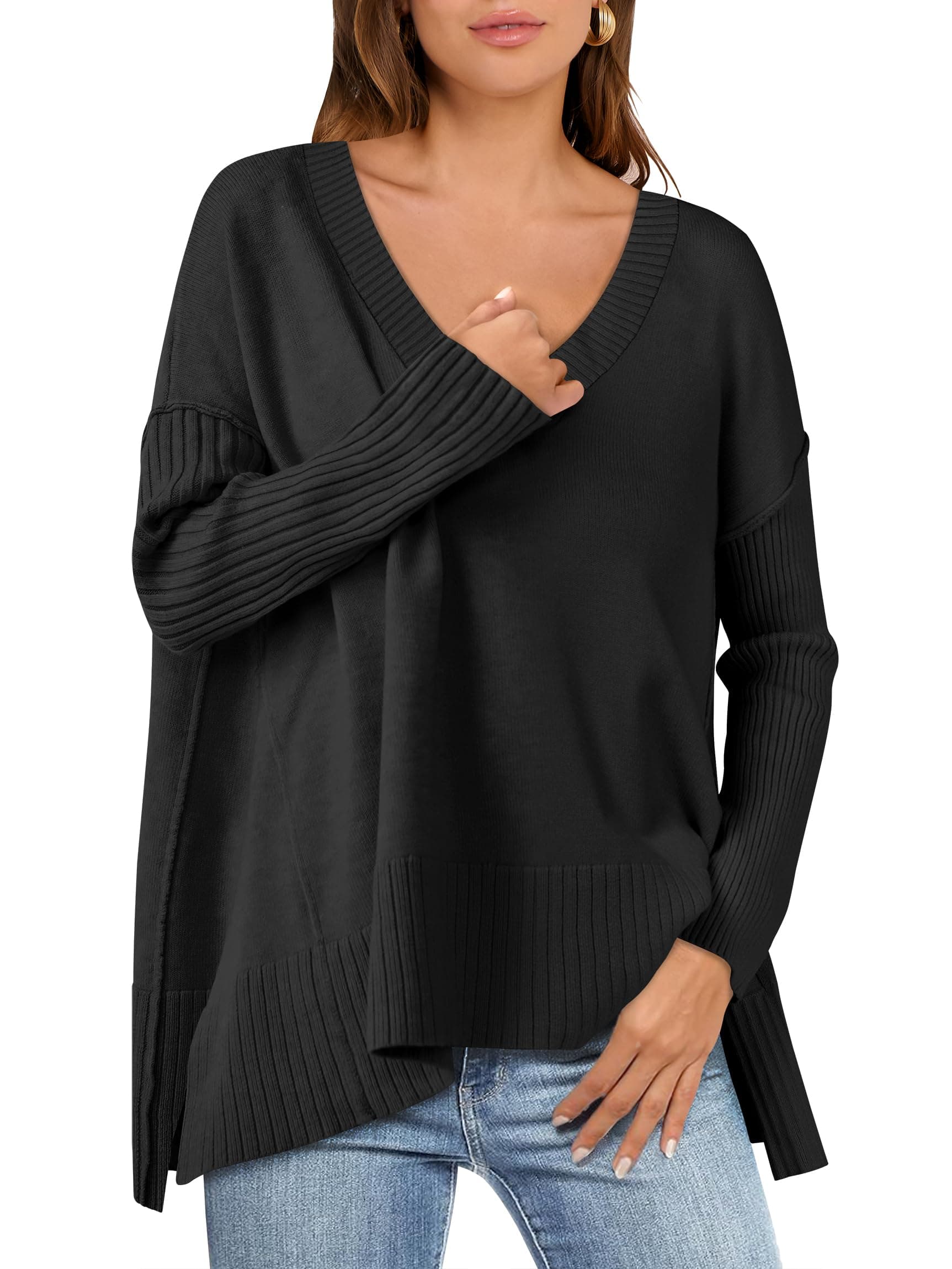 2024 Fall Women's Oversized V Neck Batwing Sleeve Sweater