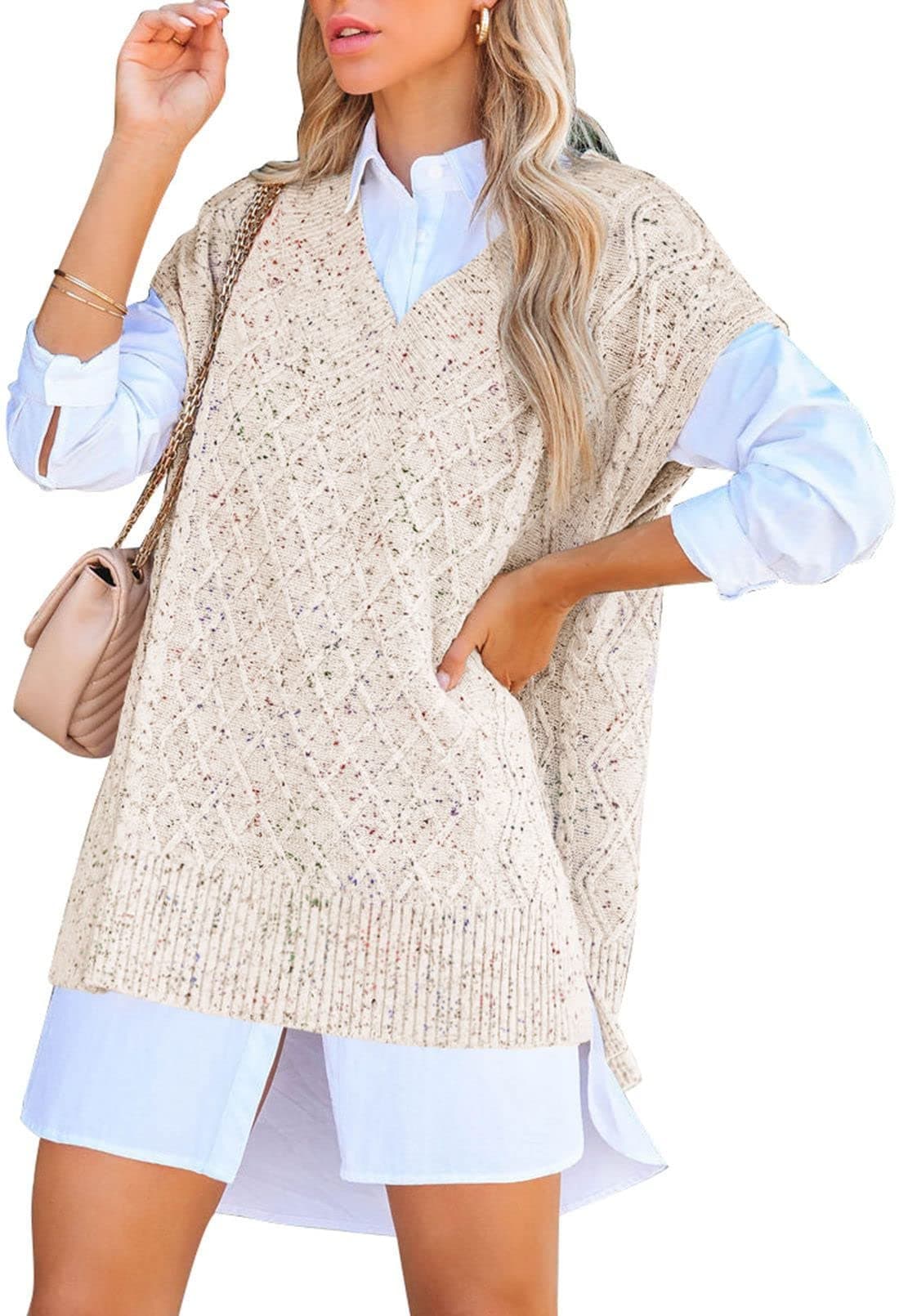 Viottiset Women's Oversized V-Neck Cable Knit Sweater Vest - Apricot XL