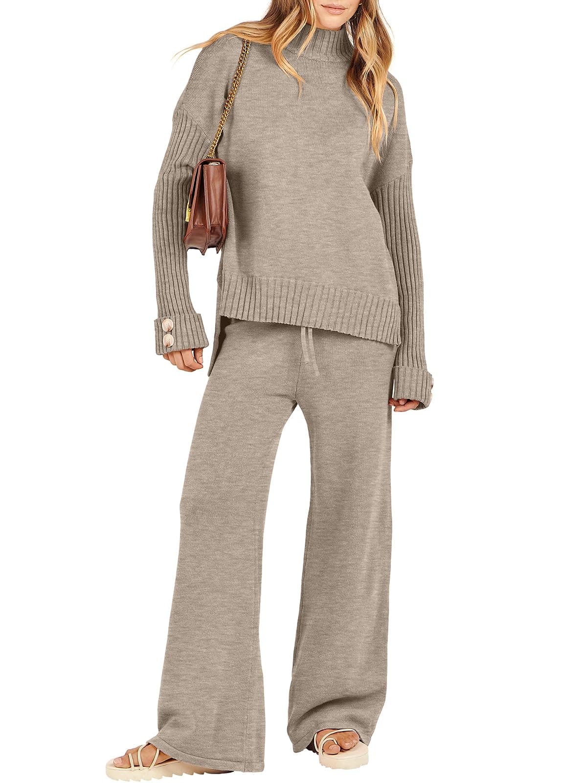ANRABESS Women's 2-Piece 2024 Fashion Long Sleeve Knit Sweater & Wide Leg Pant Loungewear