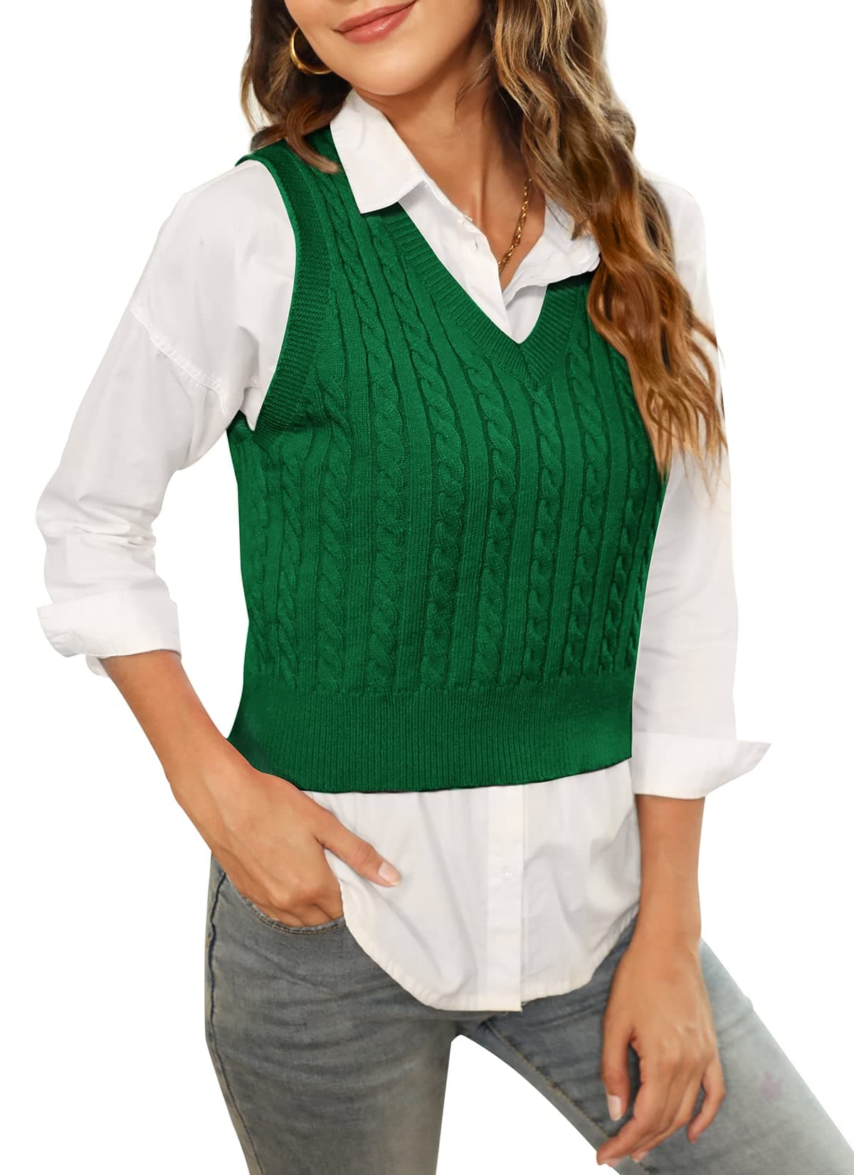 HOCOSIT Women's Preppy V-Neck Argyle Knit Sleeveless Pullover Crop Vest