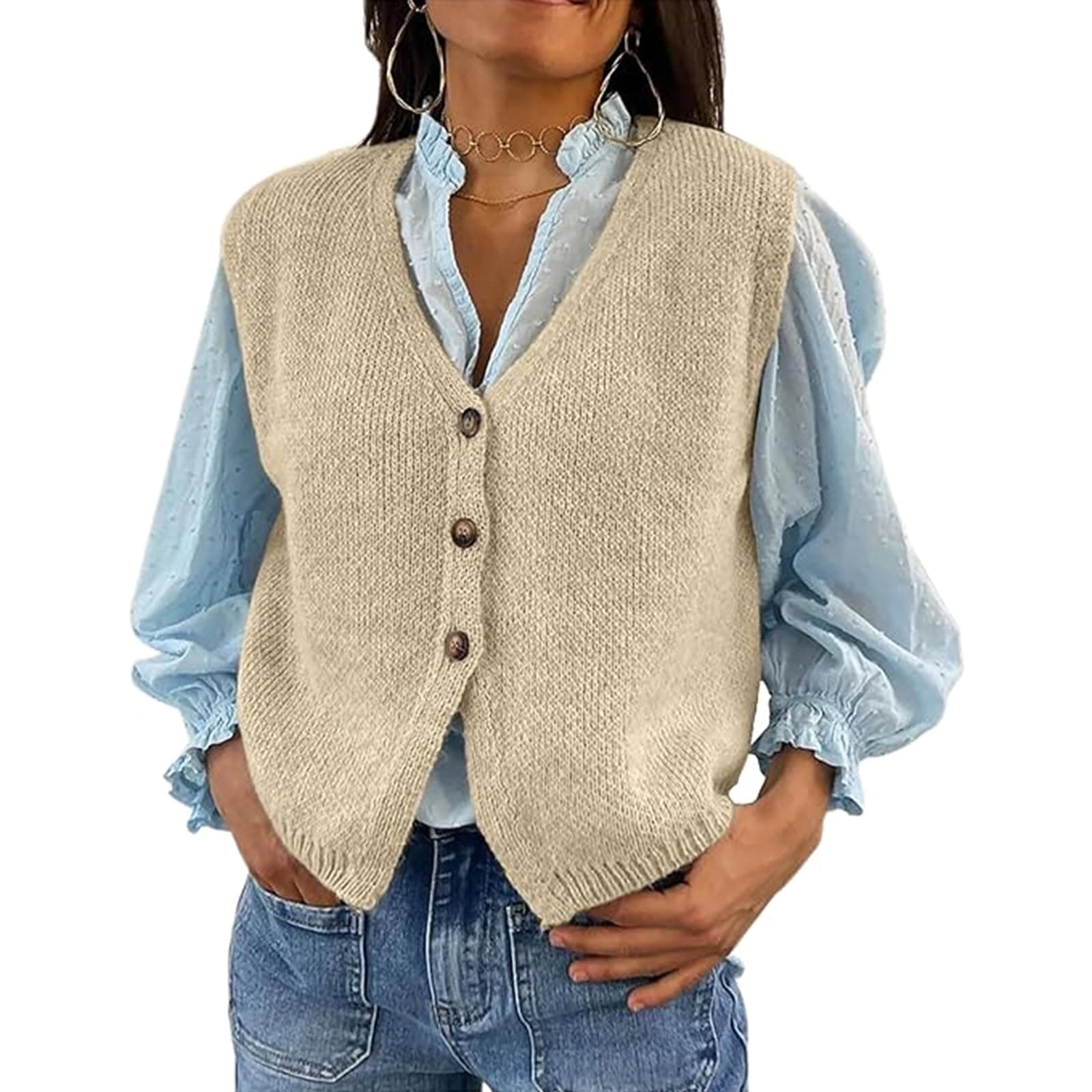 Women's XBTCLXEBCO V-Neck Sleeveless Knit Cardigan Vest