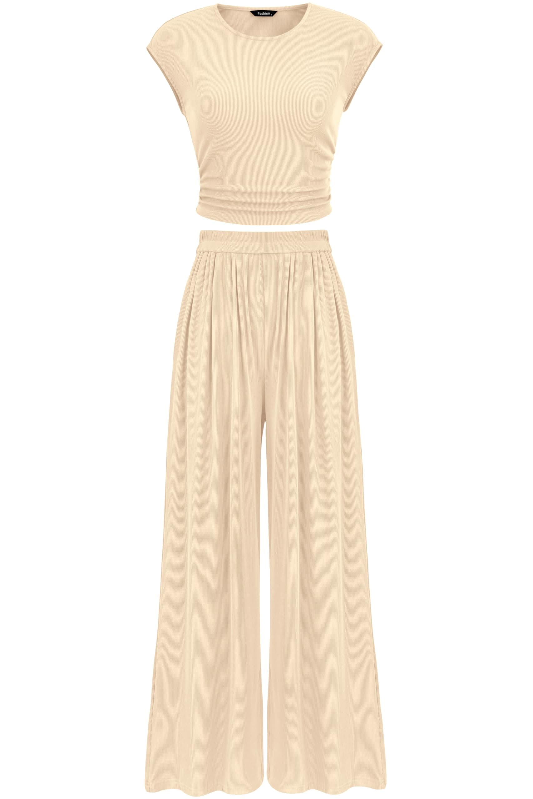 PRETTYGARDEN Women's Summer 2-Piece Outfits Cap Sleeve Ruched T-Shirt Wide Leg Pant Set