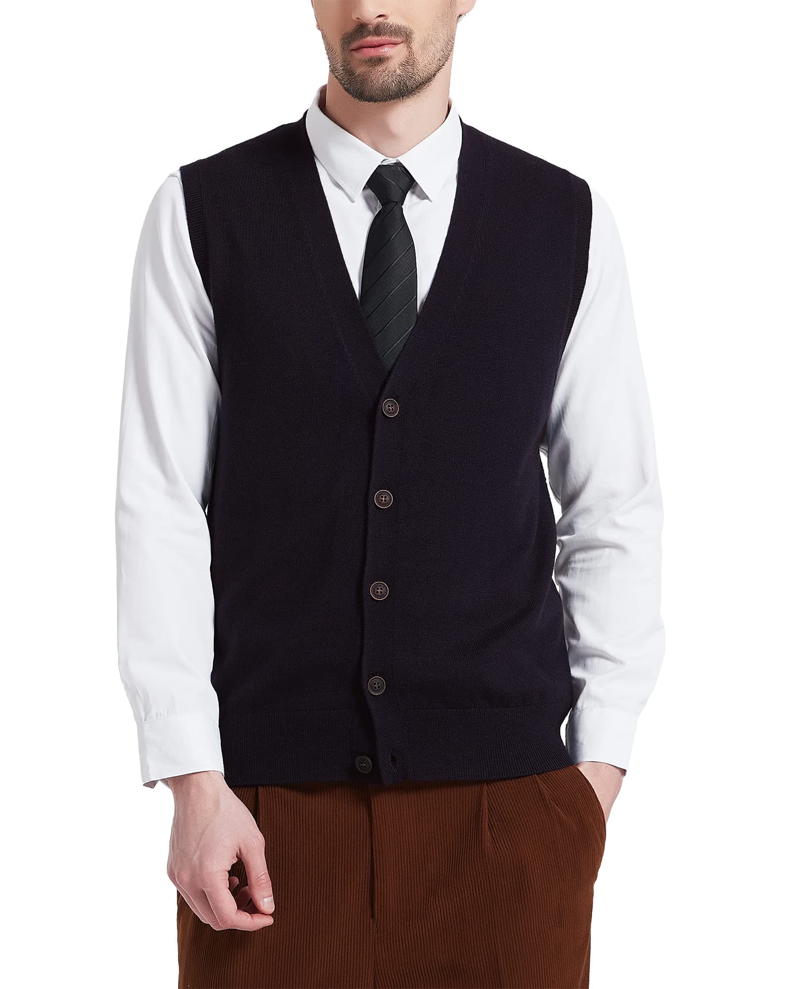 Kallspin Men's Wool Blend V-Neck Sleeveless Cardigan Vest