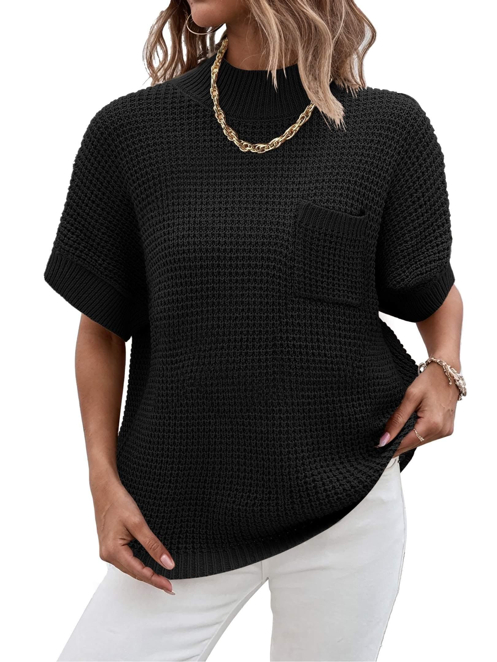 Zeagoo 2024 Women's Oversized Ribbed Knit Sweater Vest - Mock Neck, Batwing Short Sleeve, Fall Pullover (S-XXL)