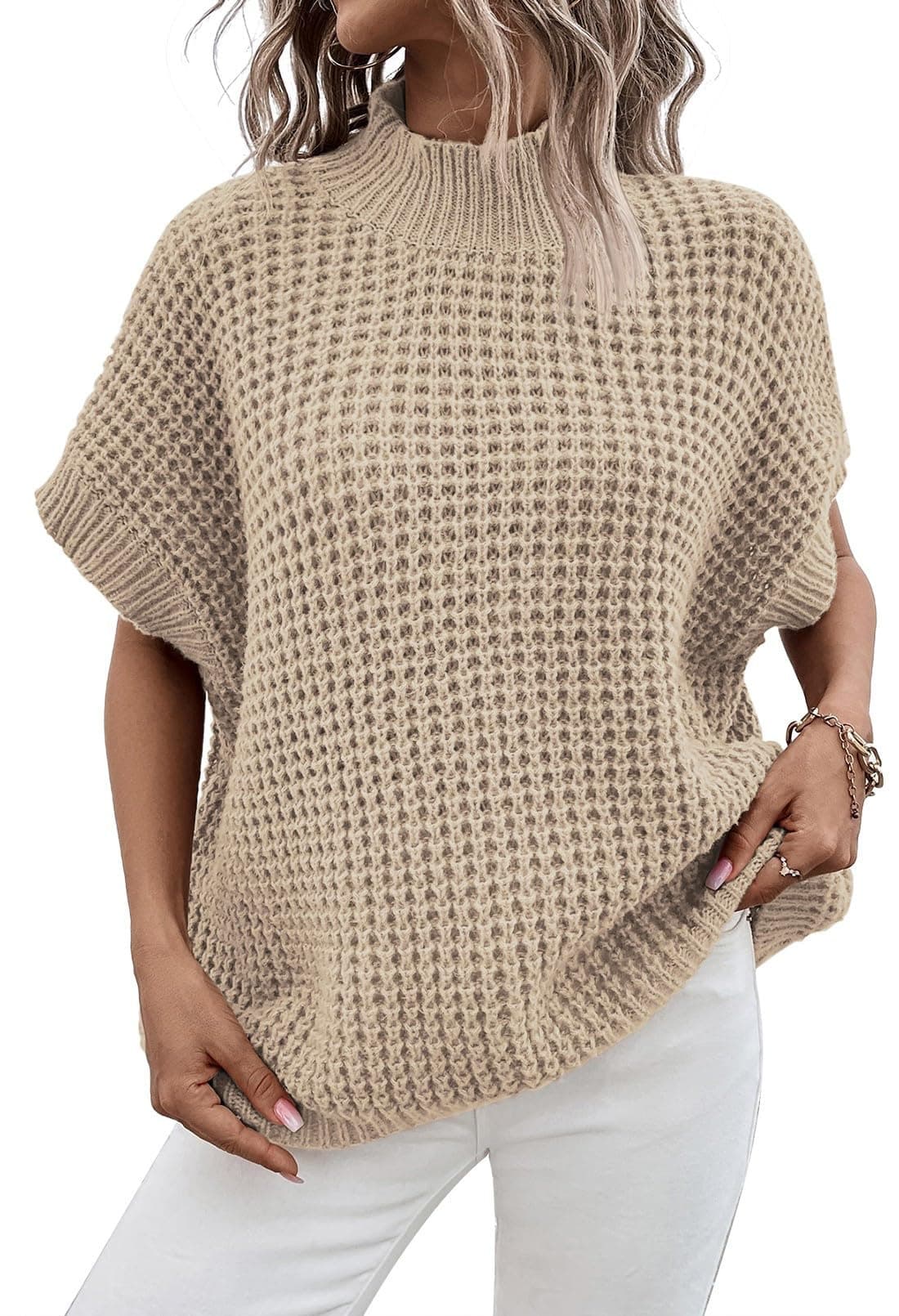 Viottiset Women's Oversized Batwing Sleeve Mock Neck Sweater Vest