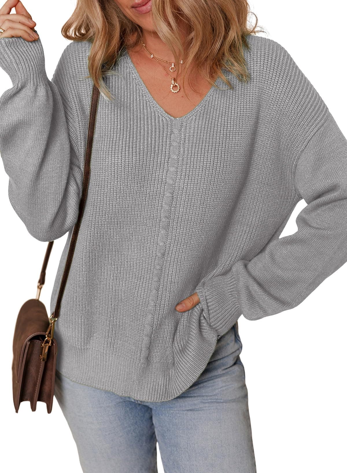 Dokotoo Women's Casual Long Sleeve V-Neck Knit Sweater Top