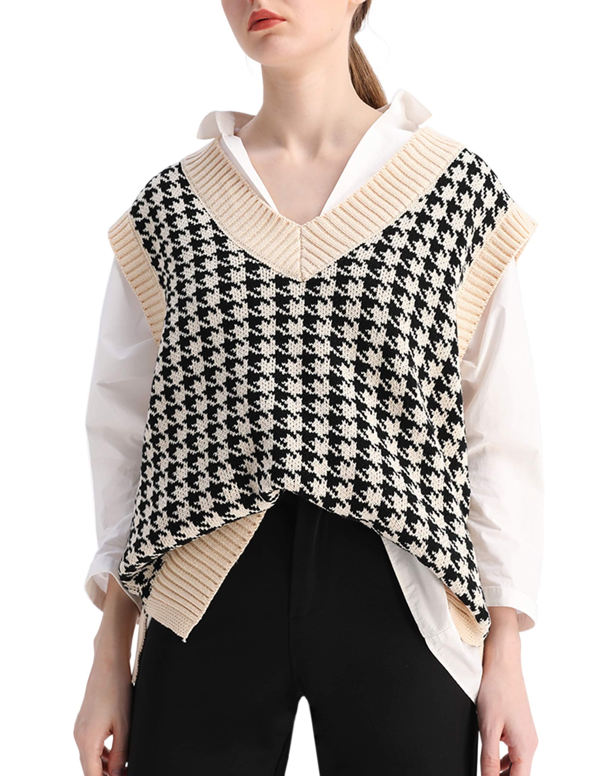 Oversized Houndstooth Knitted Vest Sweater for Vintage V-Neck Loose Sleeveless Sweater