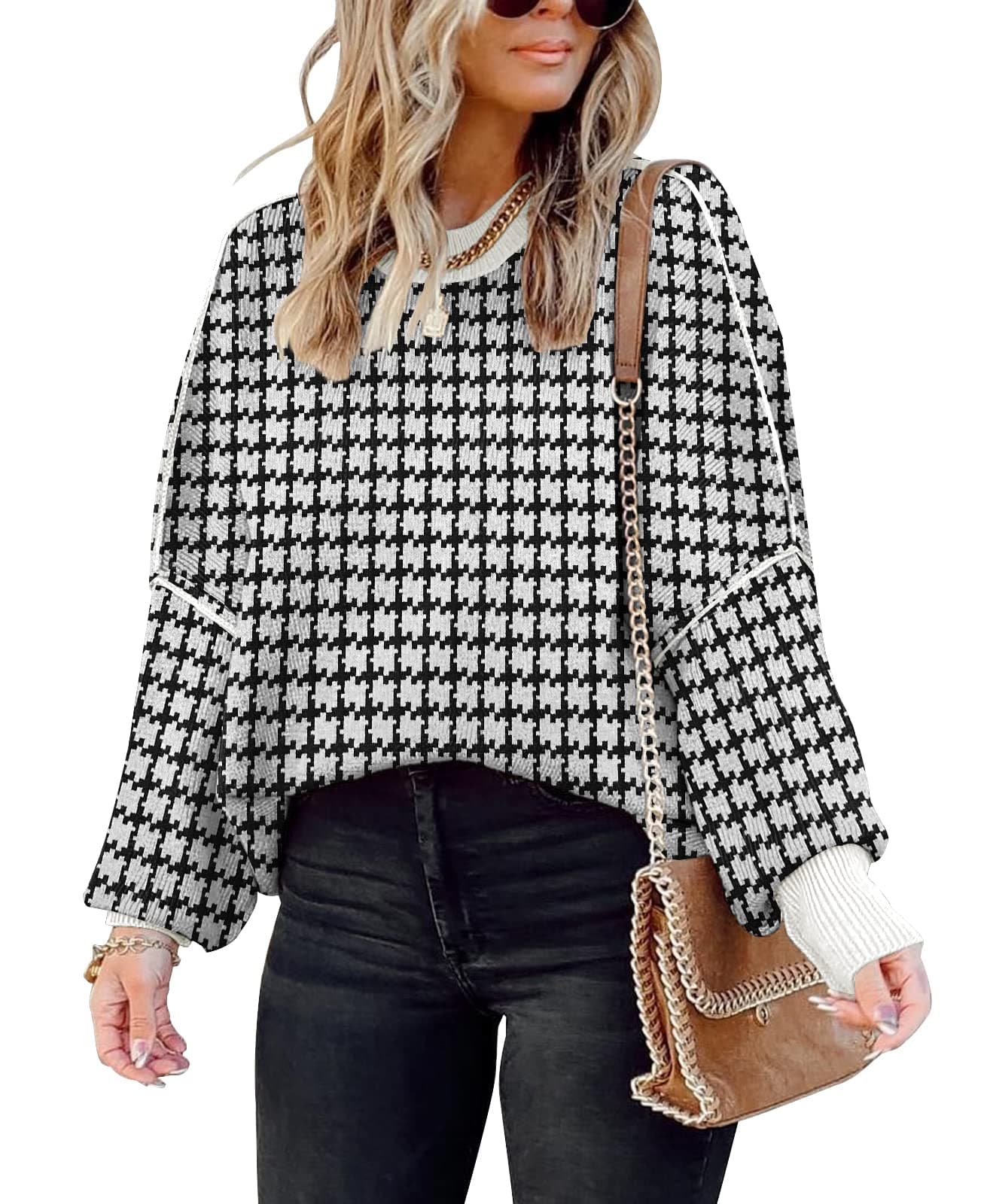SAUKOLE Women's Oversized Batwing Sleeve Crewneck Knit Sweater