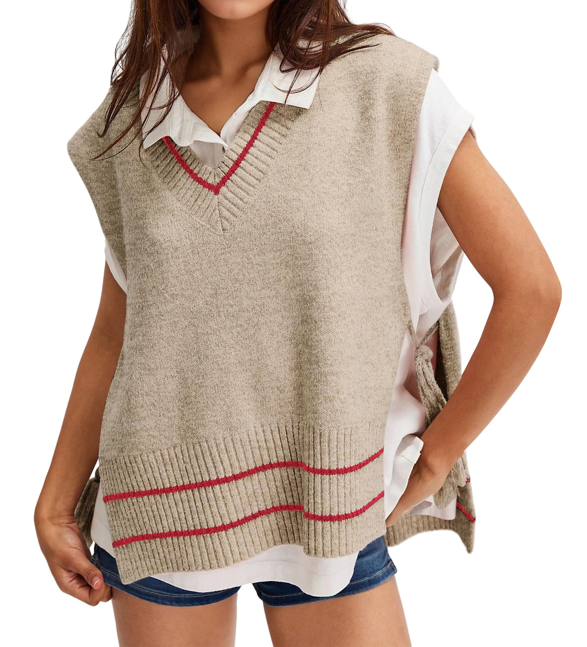 BAIGRAM Oversized V-Neck Striped Side-Tie Pullover Sweater Tank Top