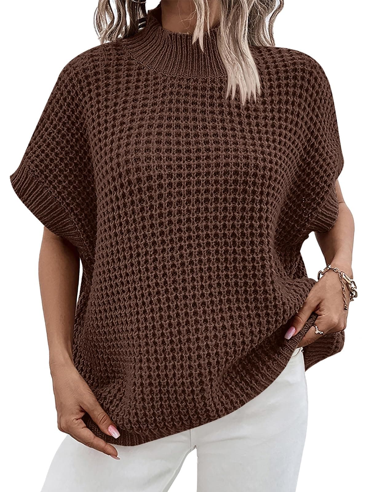 Oversized Batwing Sleeve Sweater for Women: Mock Neck, Sleeveless - Summer/Fall 2024