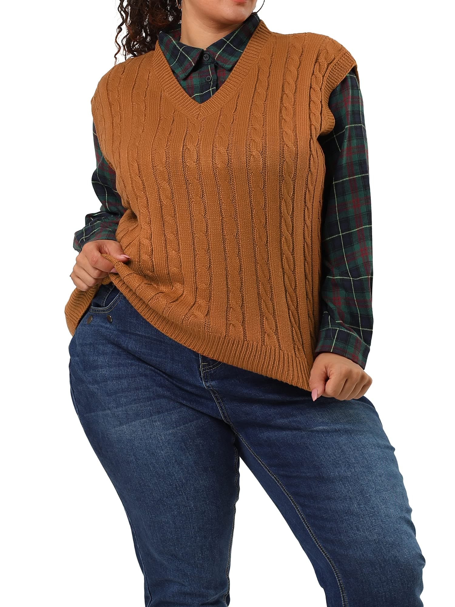 Agnes Orinda Women's Plus Size V-Neck Cable Knit Sweater Vest