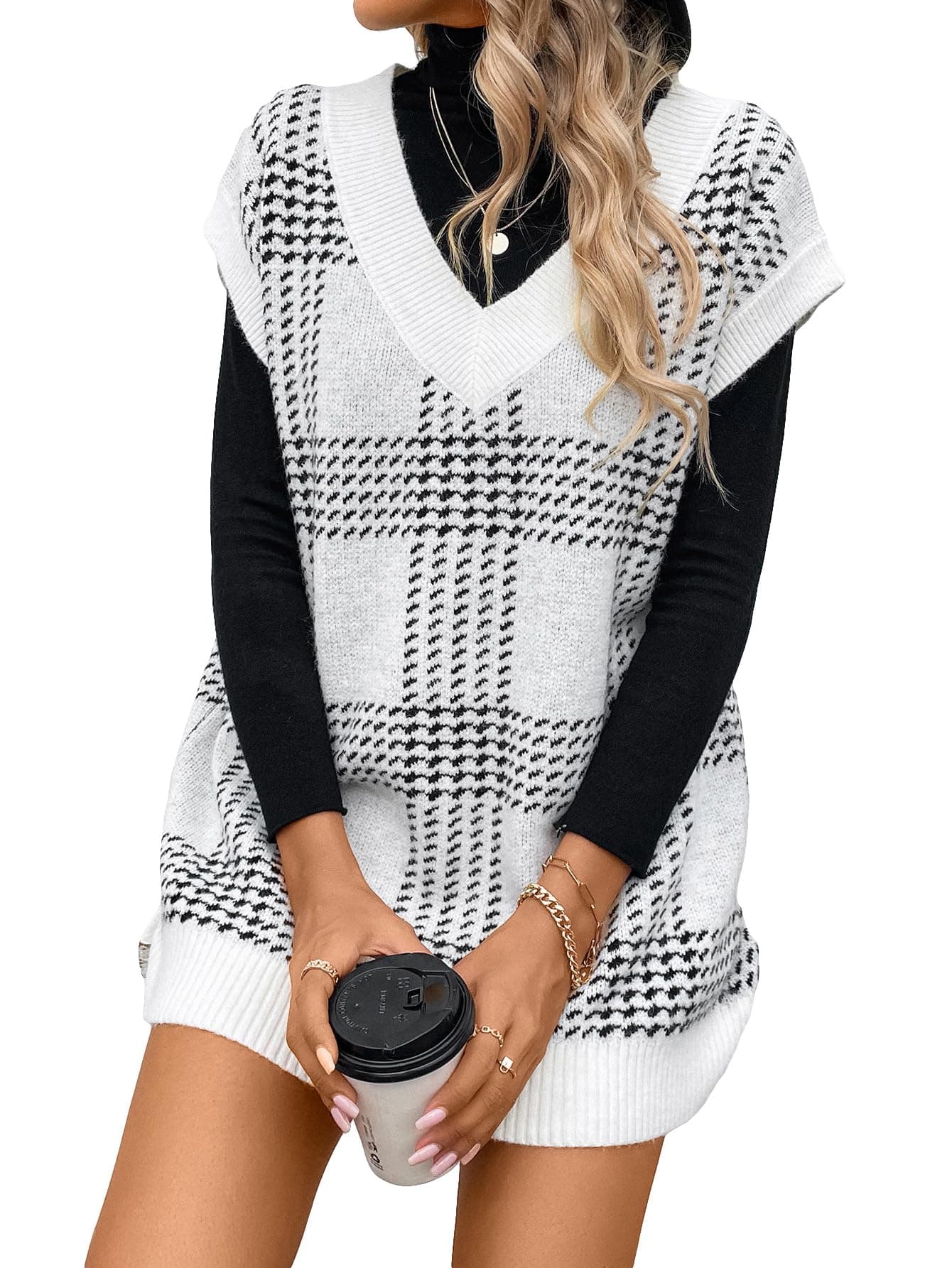 GORGLITTER Women's Oversized Plaid V-Neck Knit Dress Fall Fashion