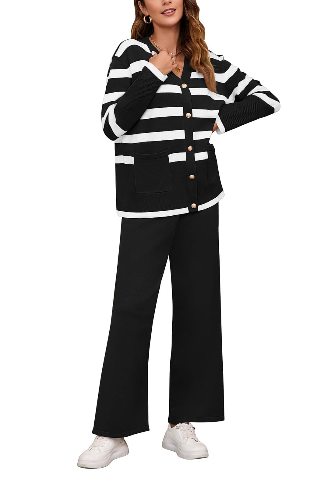 Viottiset Women's Stripe Sweatsuit Set: Long Sleeve Button Sweatshirt & Wide Leg Sweatpants
