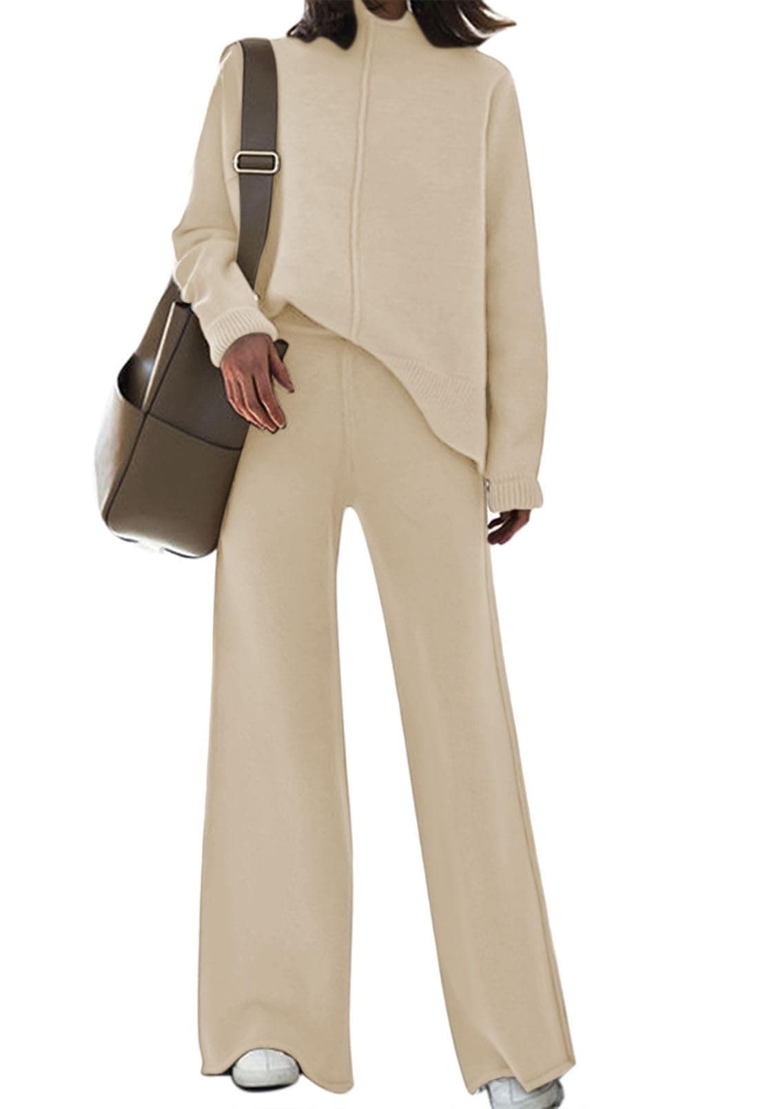 High Neck Knitted Sweater and Wide Leg Pant Set for Women