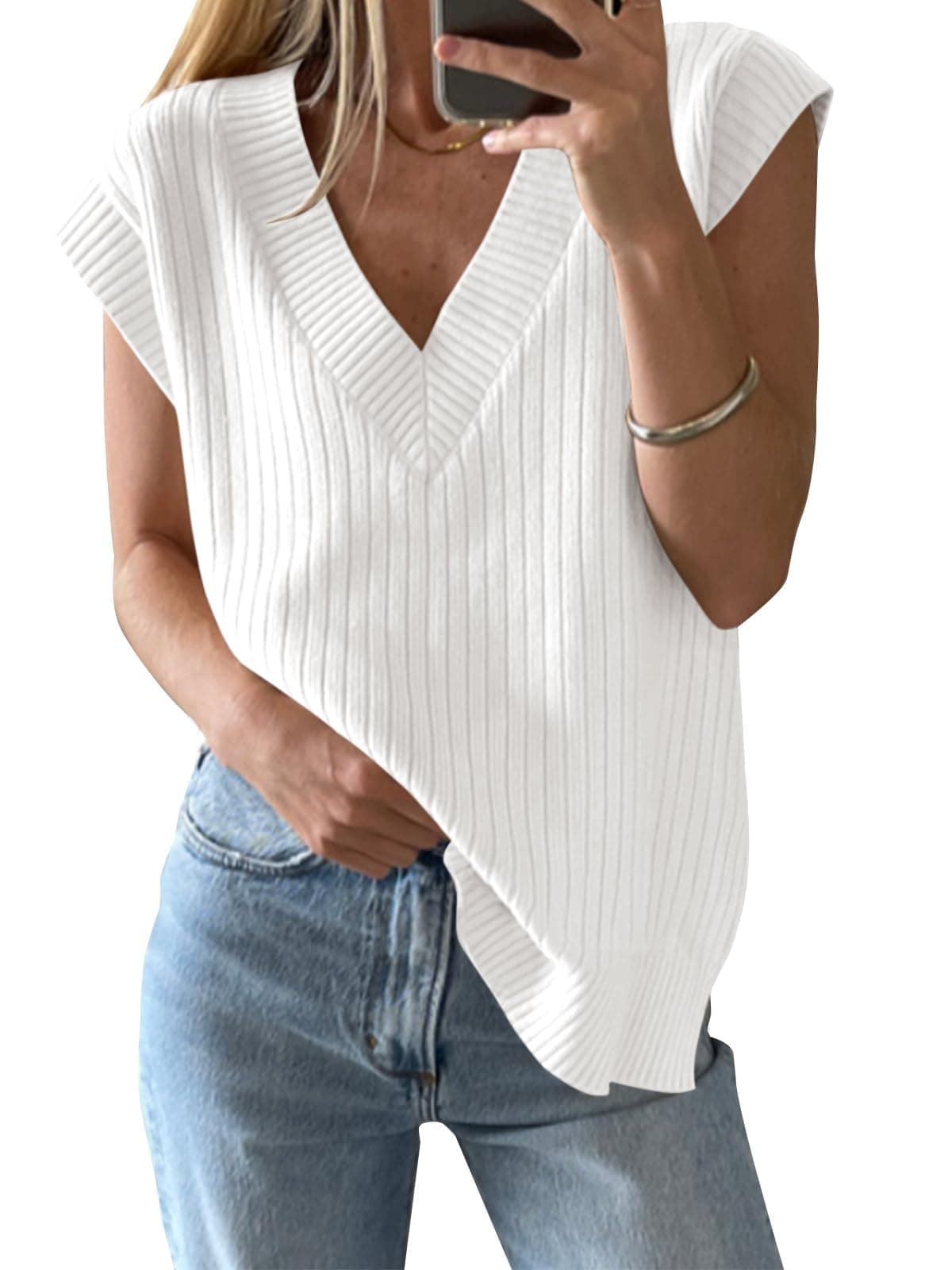 IPMQ Women's V-Neck Ribbed Knit Sweater Vest Casual Summer Top