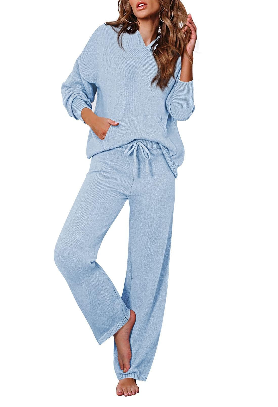Women's Light Blue Lounge Set with Wide Leg Pants and Long Sleeve Hoodie