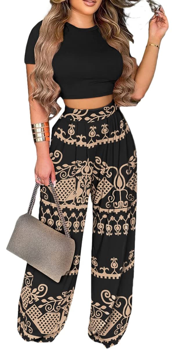 BFFBABY Women's Short Sleeve Crop Top & High Waist Wide Leg Long Pant Set