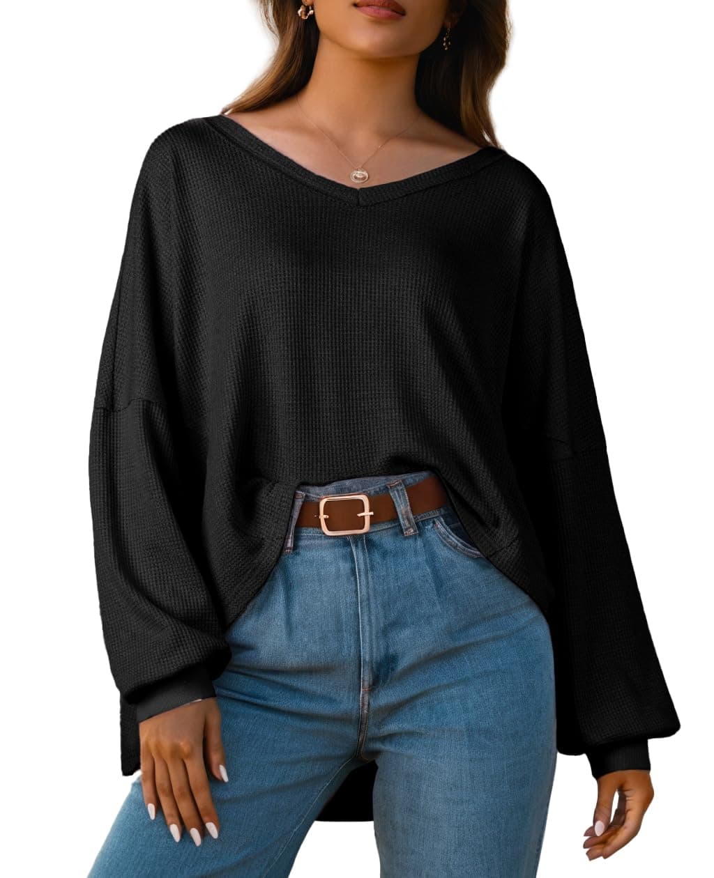 IWOLLENCE Women's Oversized Long Sleeve V-Neck Tunic Sweater Top