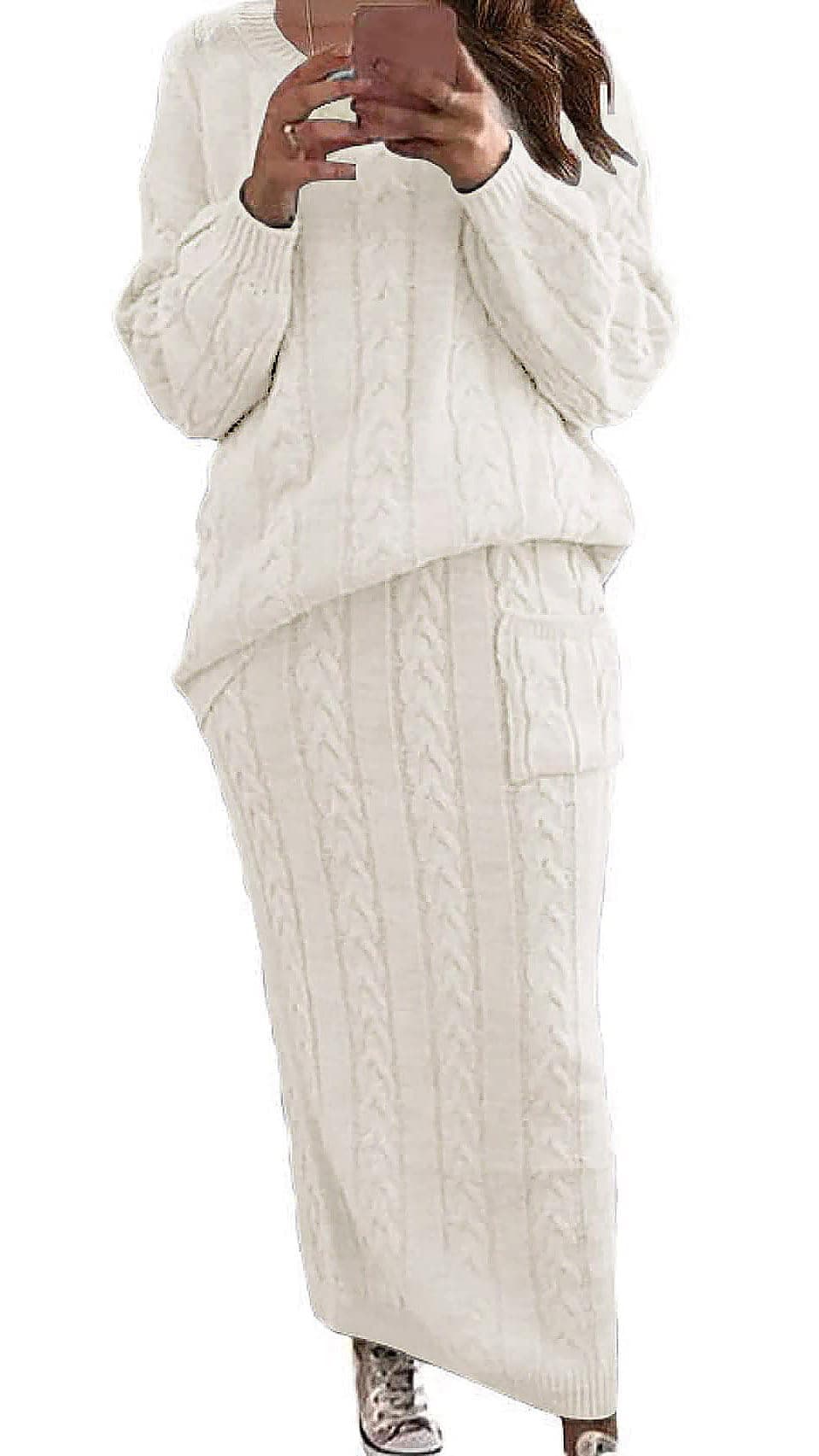 utcoco Women's Chunky Cable Knit Sweater Skirt Set