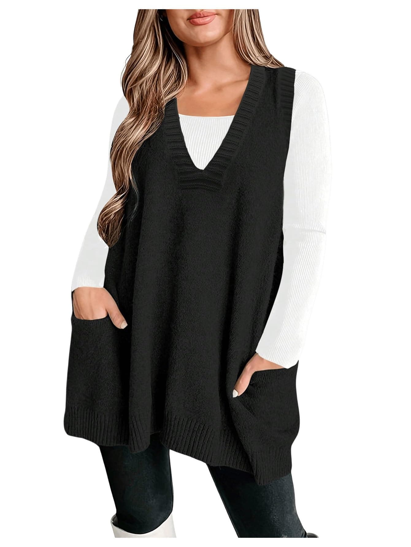 GORGLITTER Women's Plus Size V-Neck Sleeveless Sweater Dress with Pockets