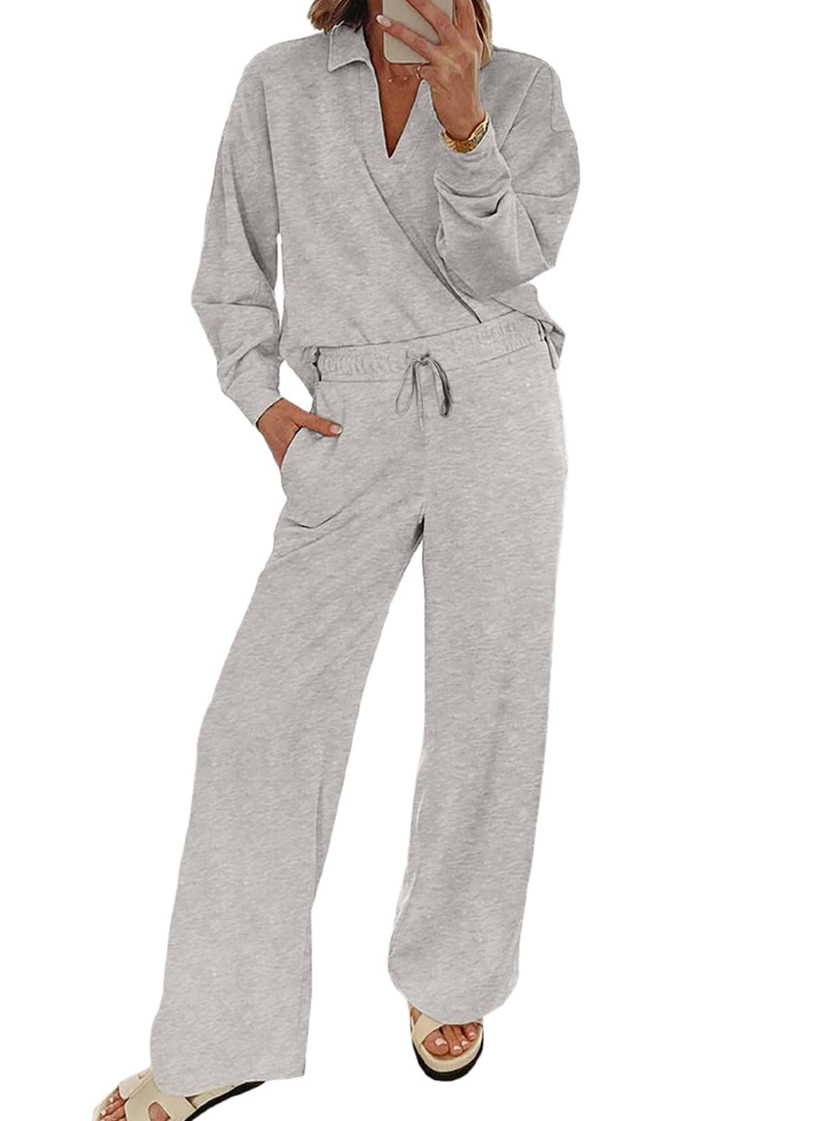EVALESS Women V-Neck Sweatshirt & Wide Leg Sweatpants Lounge Set