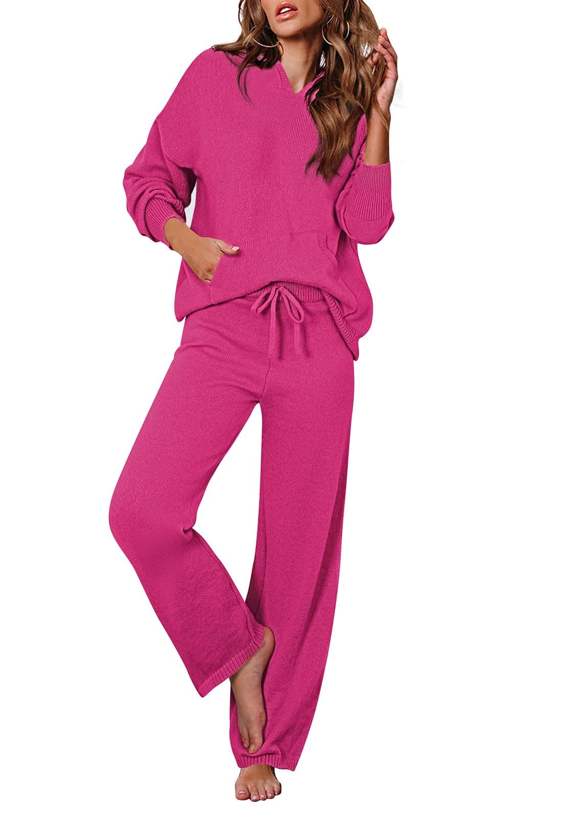 Women's Hot Pink Hoodie and Wide Leg Pants Lounge Set
