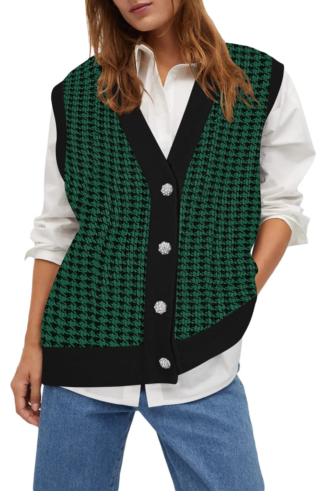 Oversized Houndstooth Sweater Vest for Women