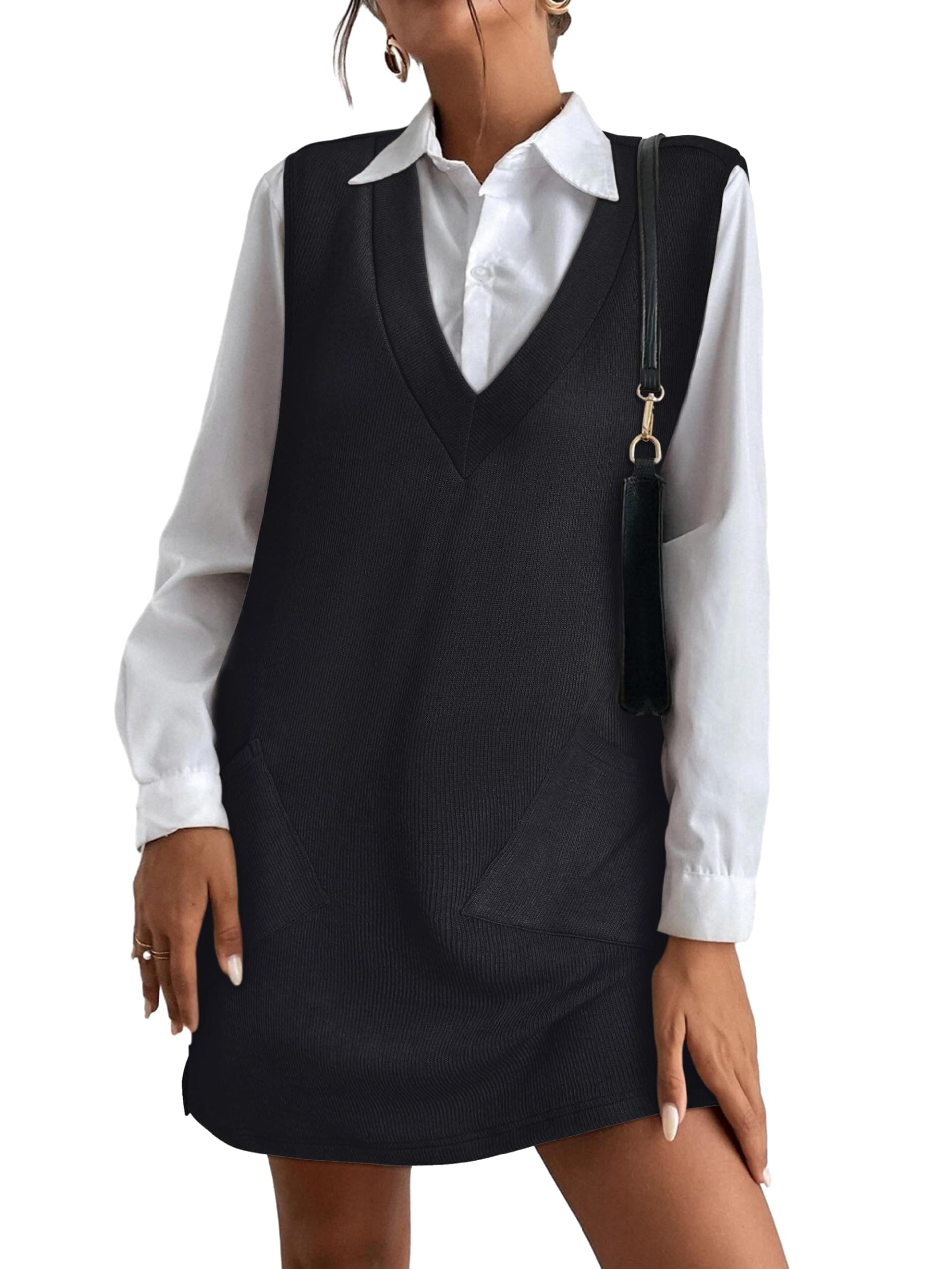 VETIOR Women's V-Neck Sleeveless Pinafore Dress with Pockets